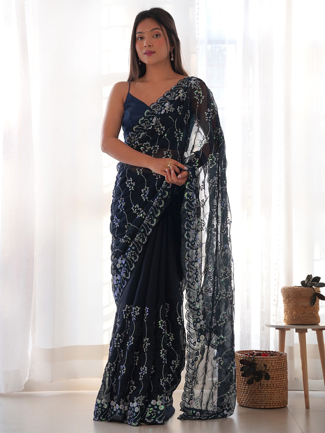 Georgette Navy Blue Embellished Designer Saree With Blouse