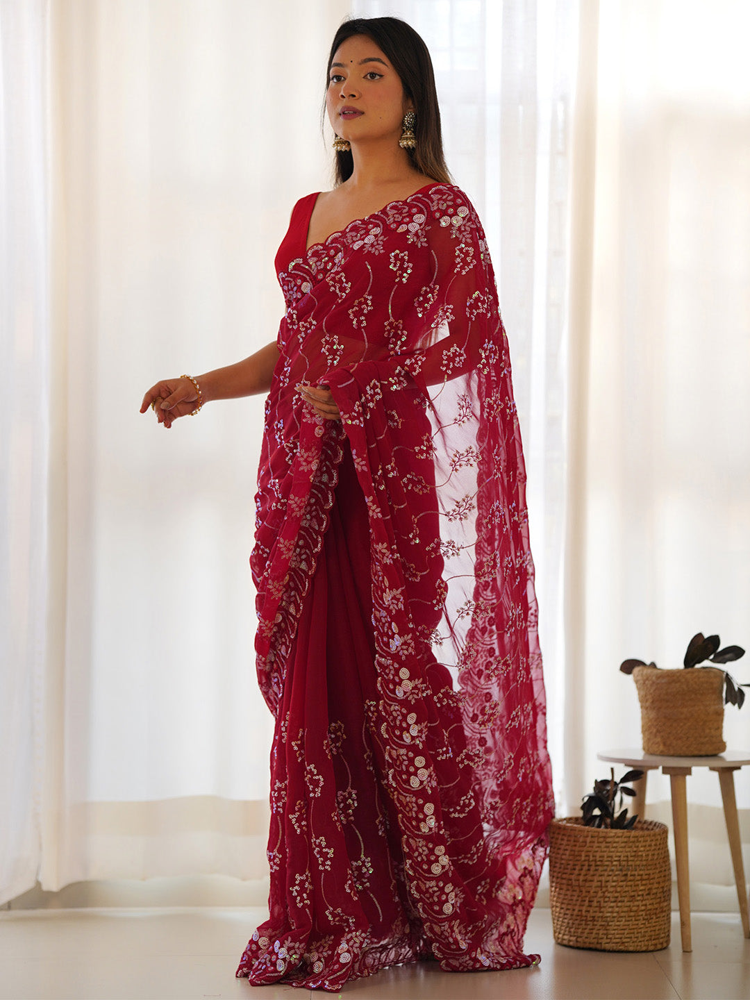 Georgette Red Embellished Designer Saree With Blouse