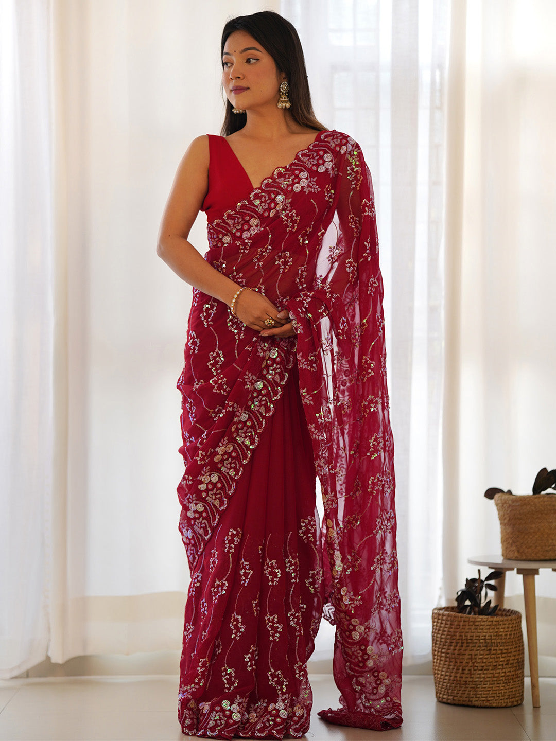 Georgette Red Embellished Designer Saree With Blouse