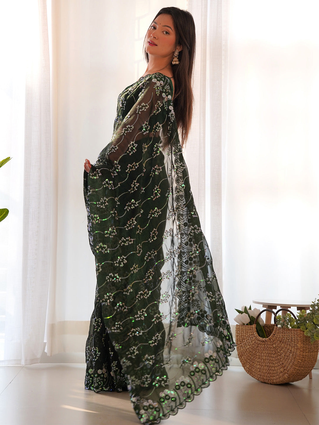 Georgette Green Embellished Designer Saree With Blouse