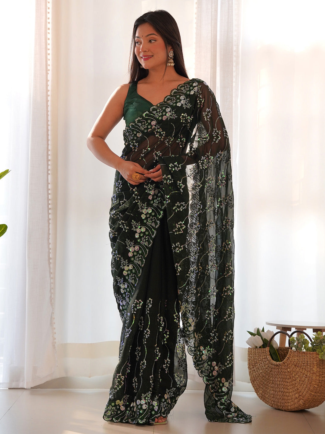 Georgette Green Embellished Designer Saree With Blouse