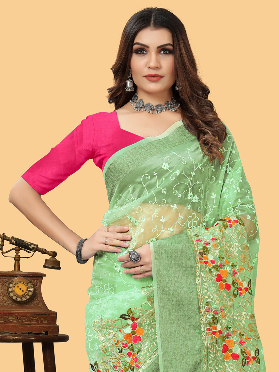 Organza Light Green Embroidered Designer Saree With Blouse
