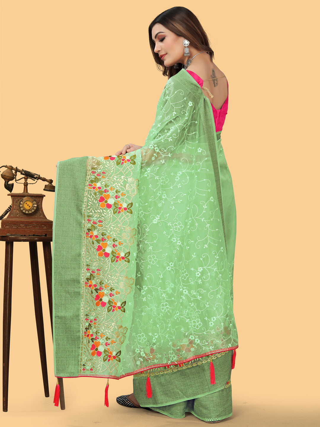 Organza Light Green Embroidered Designer Saree With Blouse
