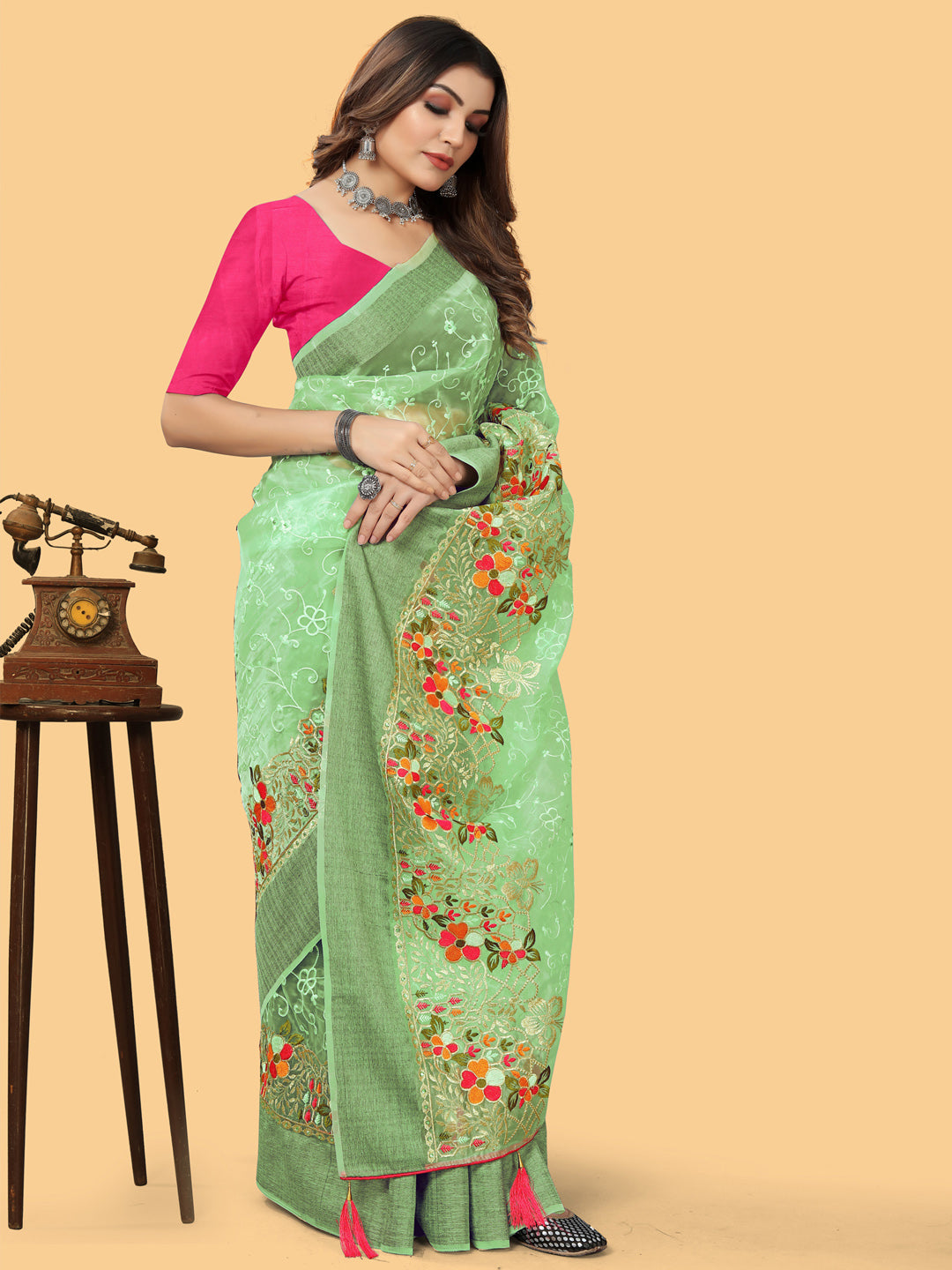 Organza Light Green Embroidered Designer Saree With Blouse
