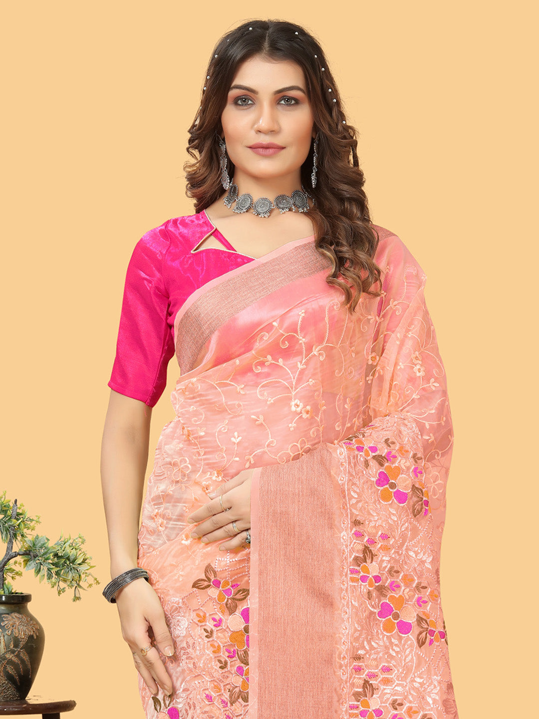 Organza Peach Embroidered Designer Saree With Blouse