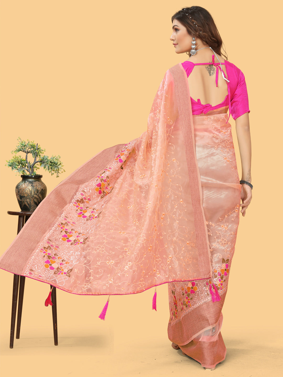 Organza Peach Embroidered Designer Saree With Blouse