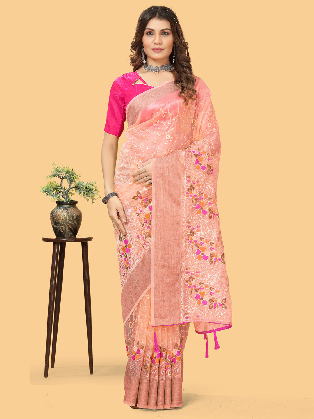 Organza Peach Embroidered Designer Saree With Blouse