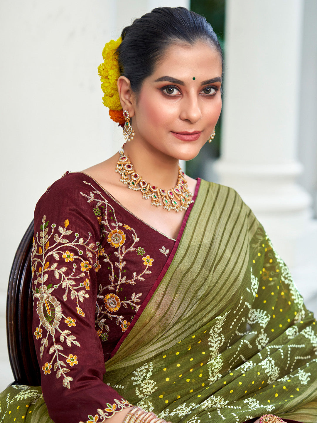 Chiffon Olive Embellished Designer Saree With Blouse