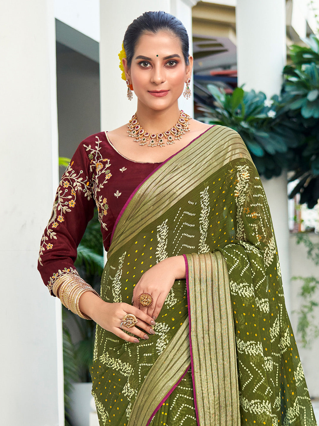Chiffon Olive Embellished Designer Saree With Blouse