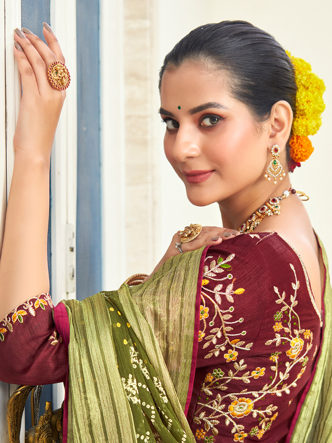Chiffon Olive Embellished Designer Saree With Blouse