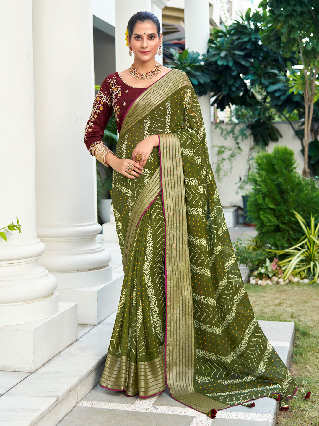 Chiffon Olive Embellished Designer Saree With Blouse