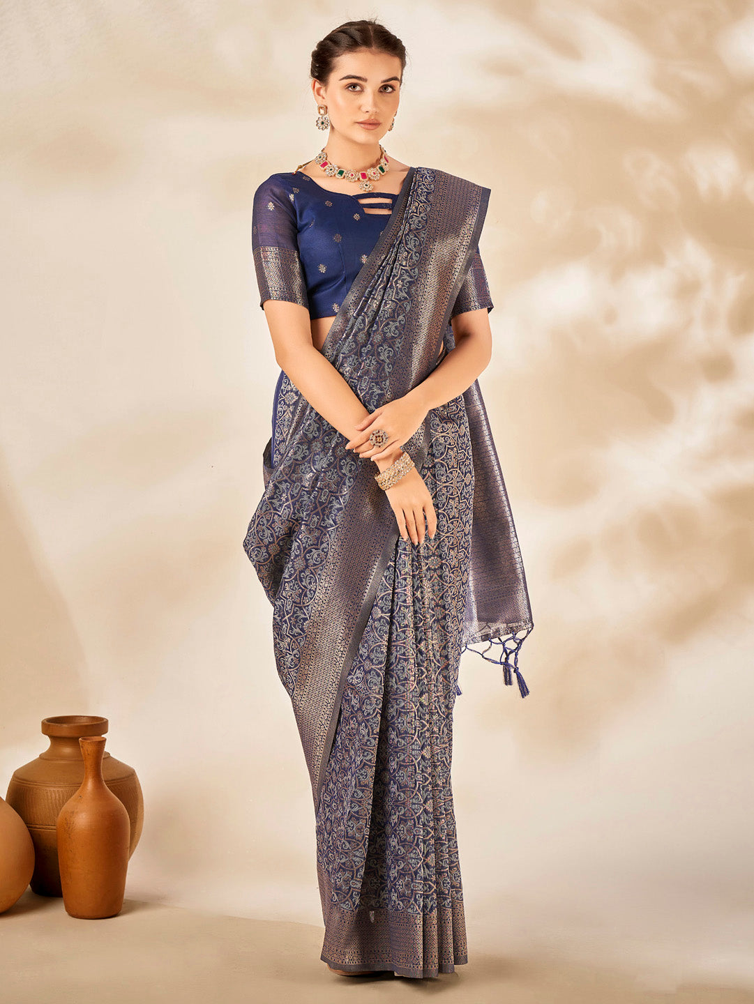 Cotton Silk Navy Blue Woven Design Designer Saree With Blouse
