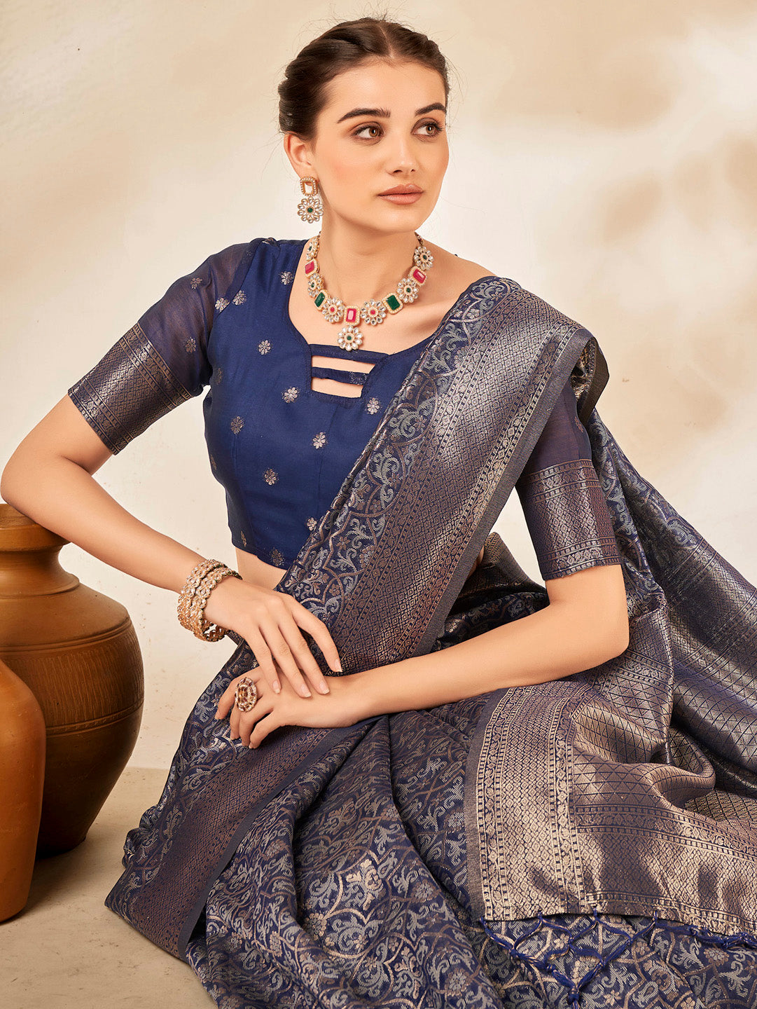 Cotton Silk Navy Blue Woven Design Designer Saree With Blouse
