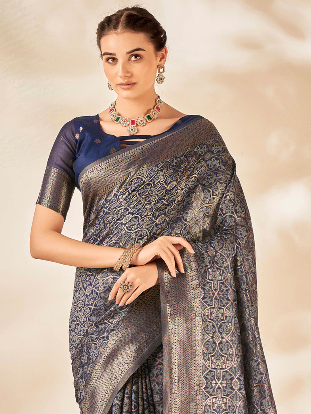 Cotton Silk Navy Blue Woven Design Designer Saree With Blouse