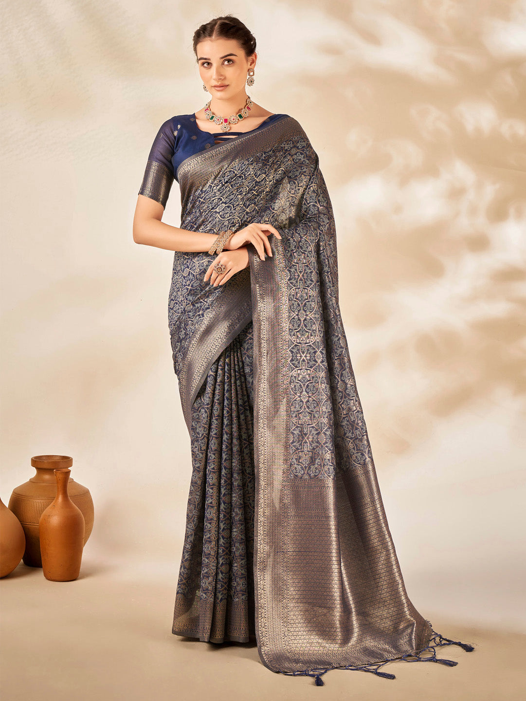 Cotton Silk Navy Blue Woven Design Designer Saree With Blouse