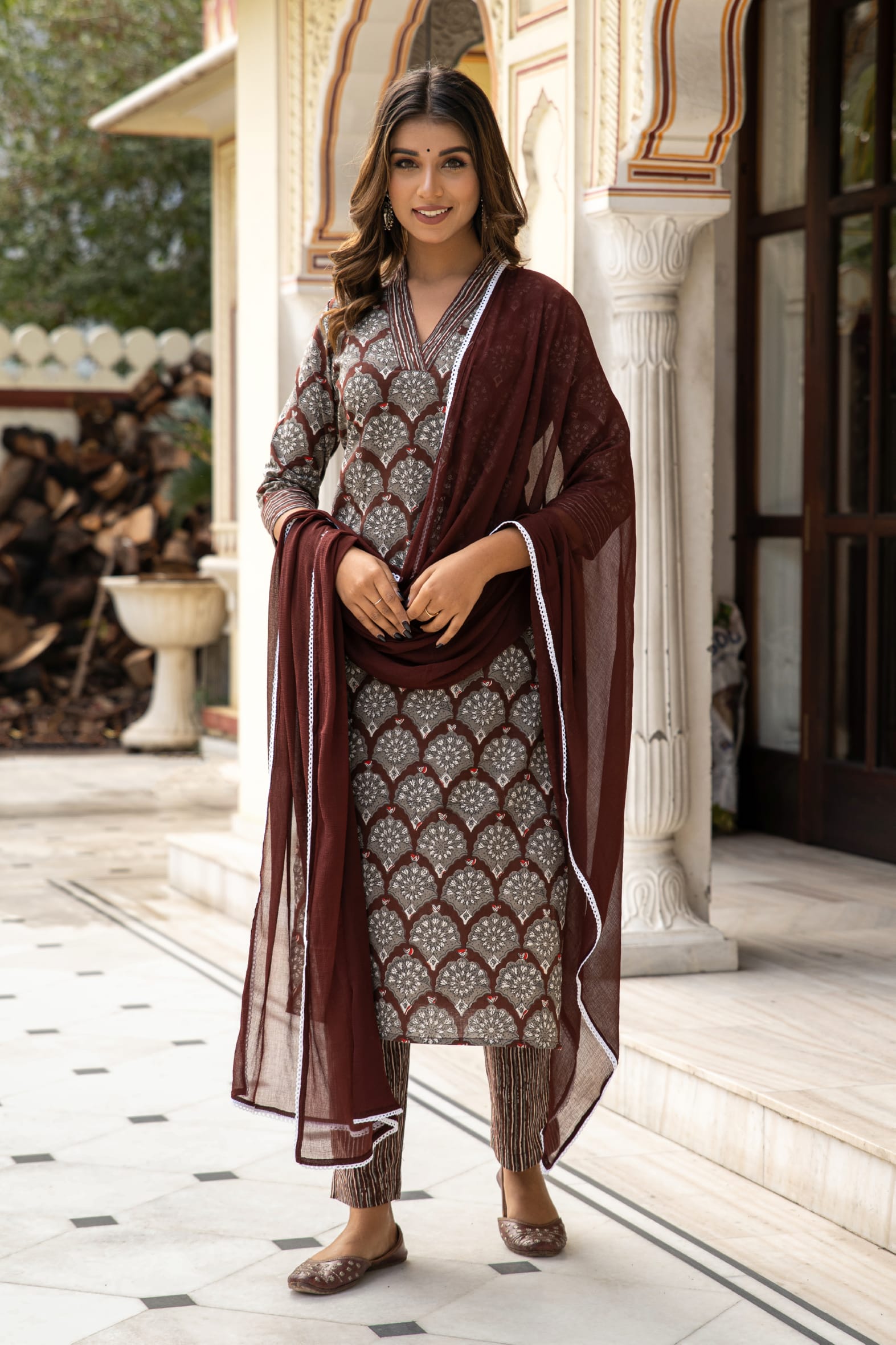 Brown Dabu Hand Block Printed Cotton Suit with Chiffon Dupatta