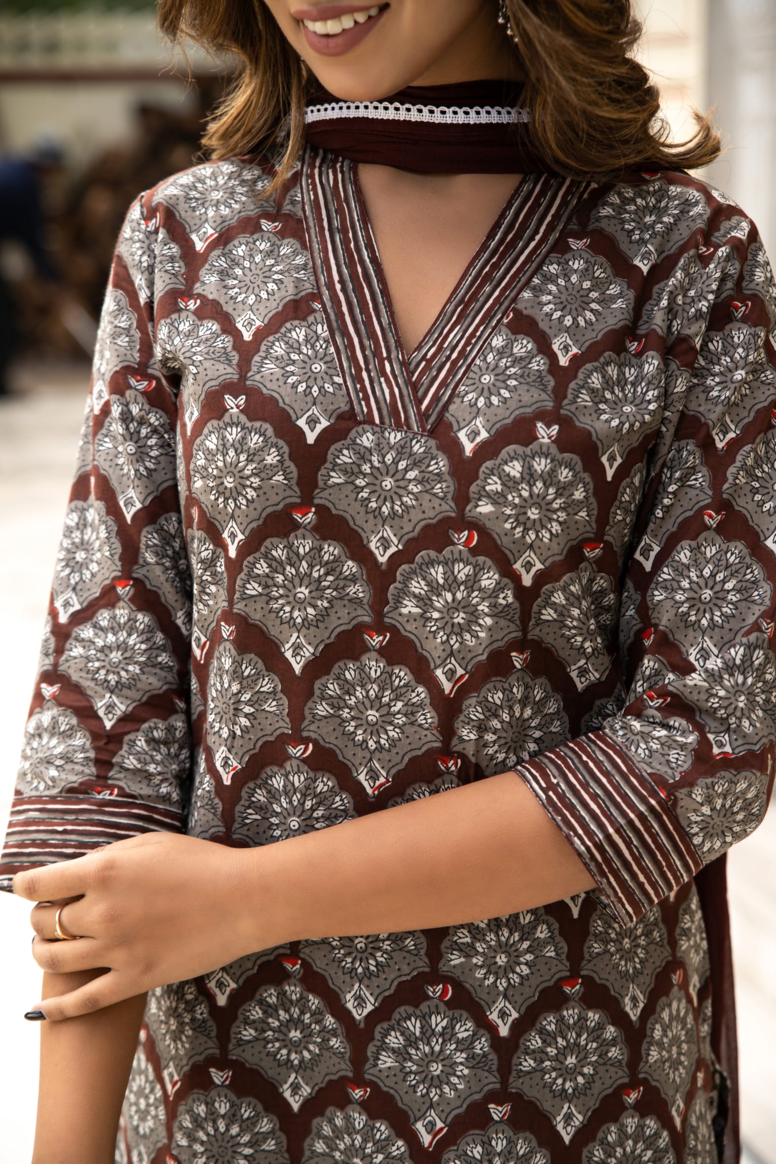 Brown Dabu Hand Block Printed Cotton Suit with Chiffon Dupatta