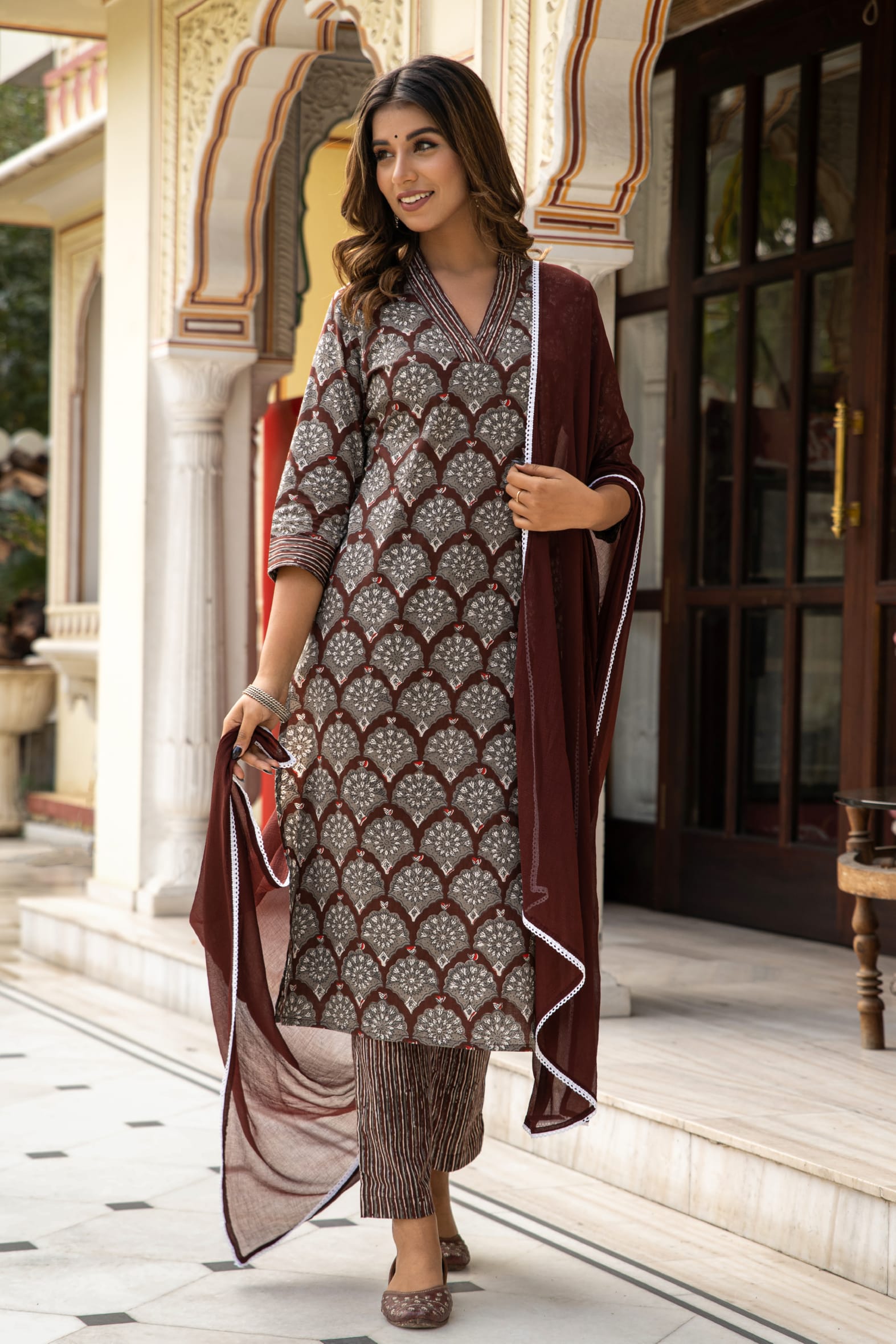 Brown Dabu Hand Block Printed Cotton Suit with Chiffon Dupatta