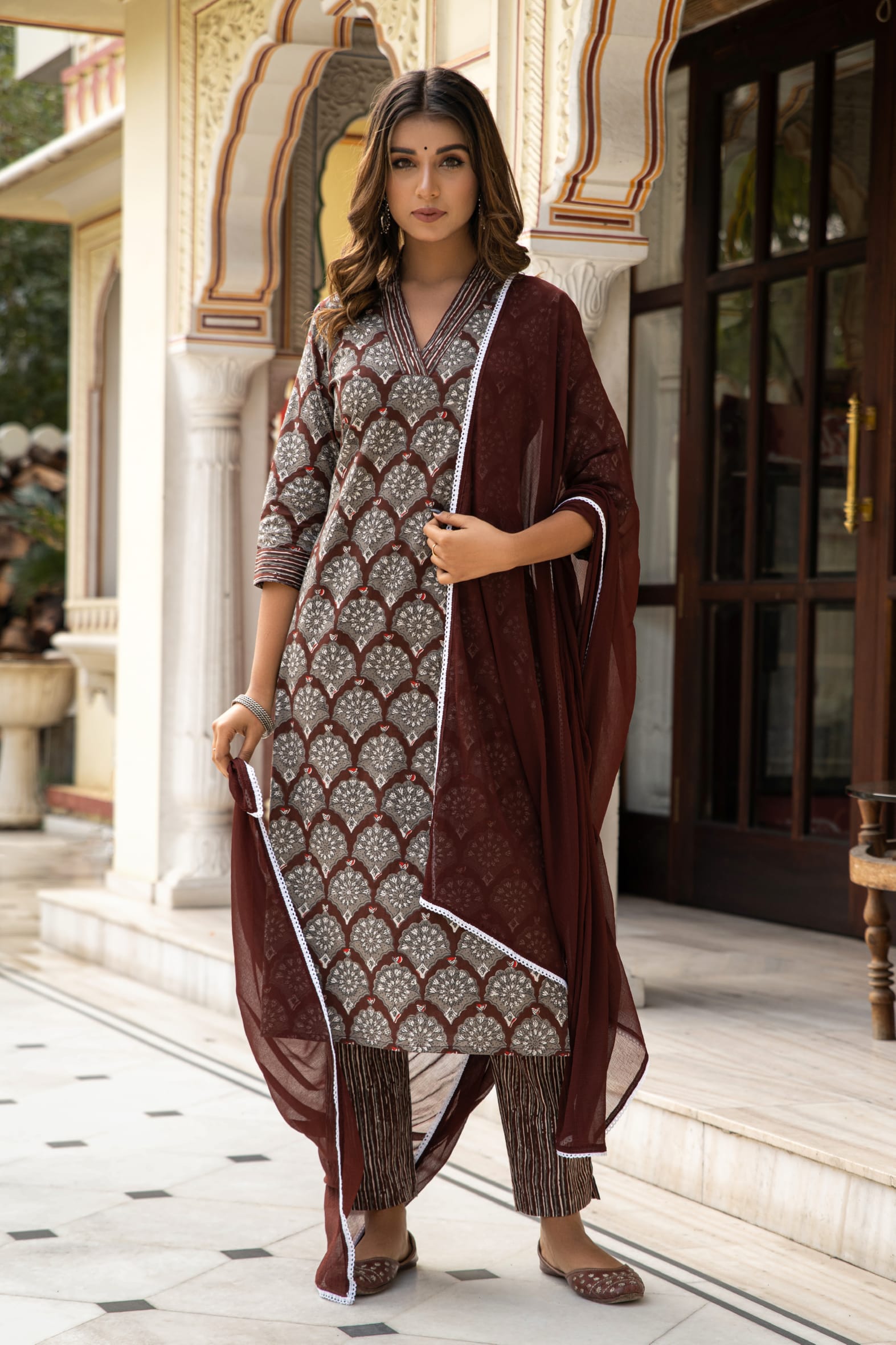 Brown Dabu Hand Block Printed Cotton Suit with Chiffon Dupatta