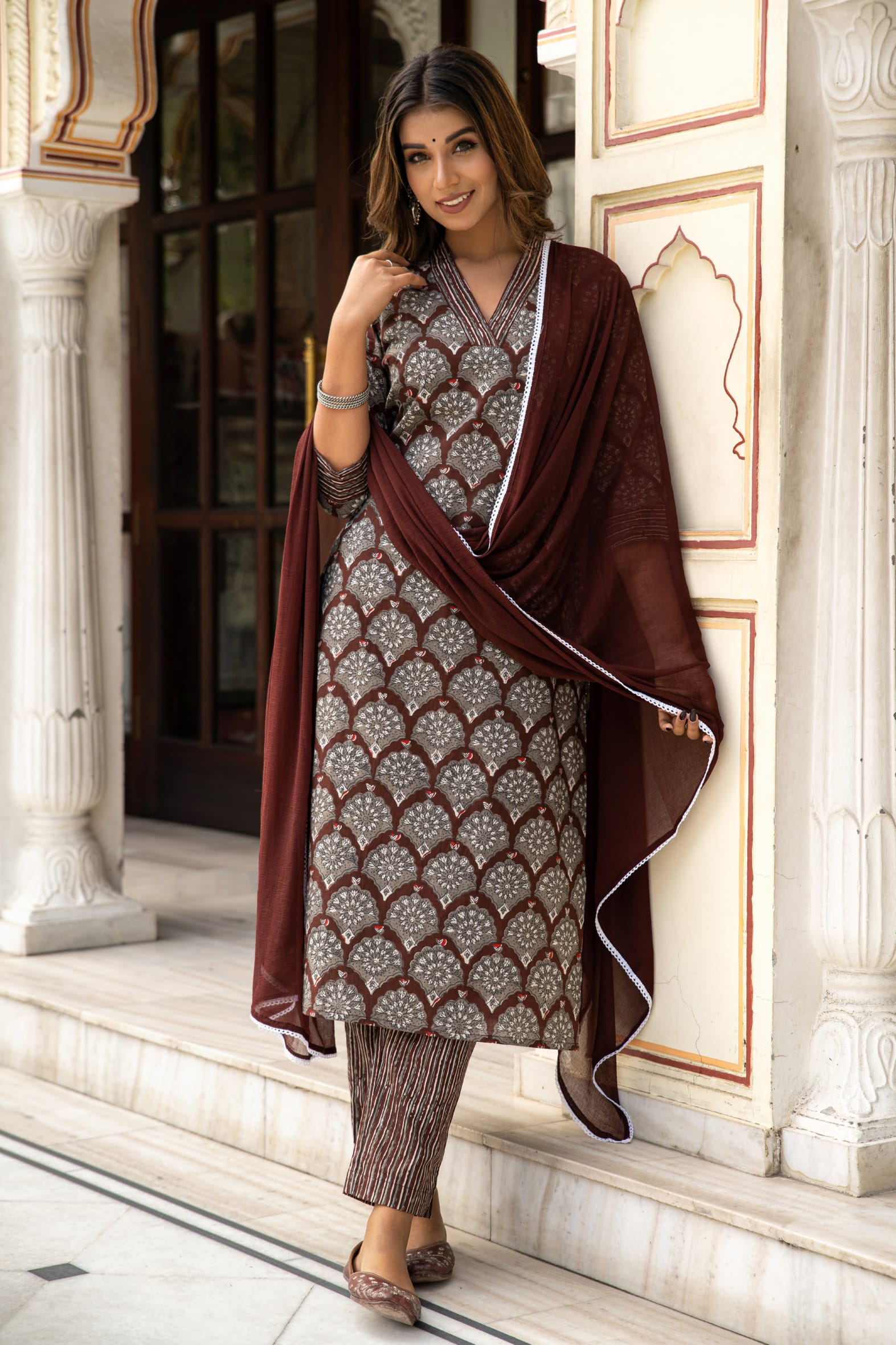 Brown Dabu Hand Block Printed Cotton Suit with Chiffon Dupatta