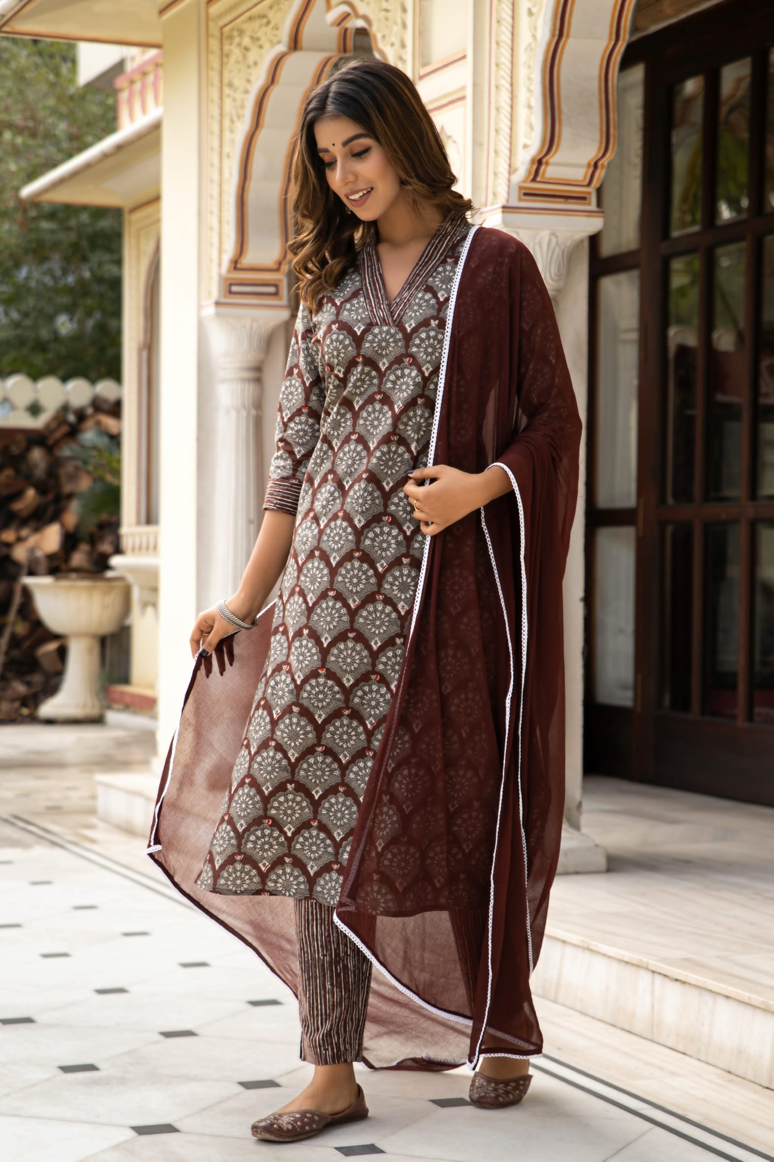 Brown Dabu Hand Block Printed Cotton Suit with Chiffon Dupatta