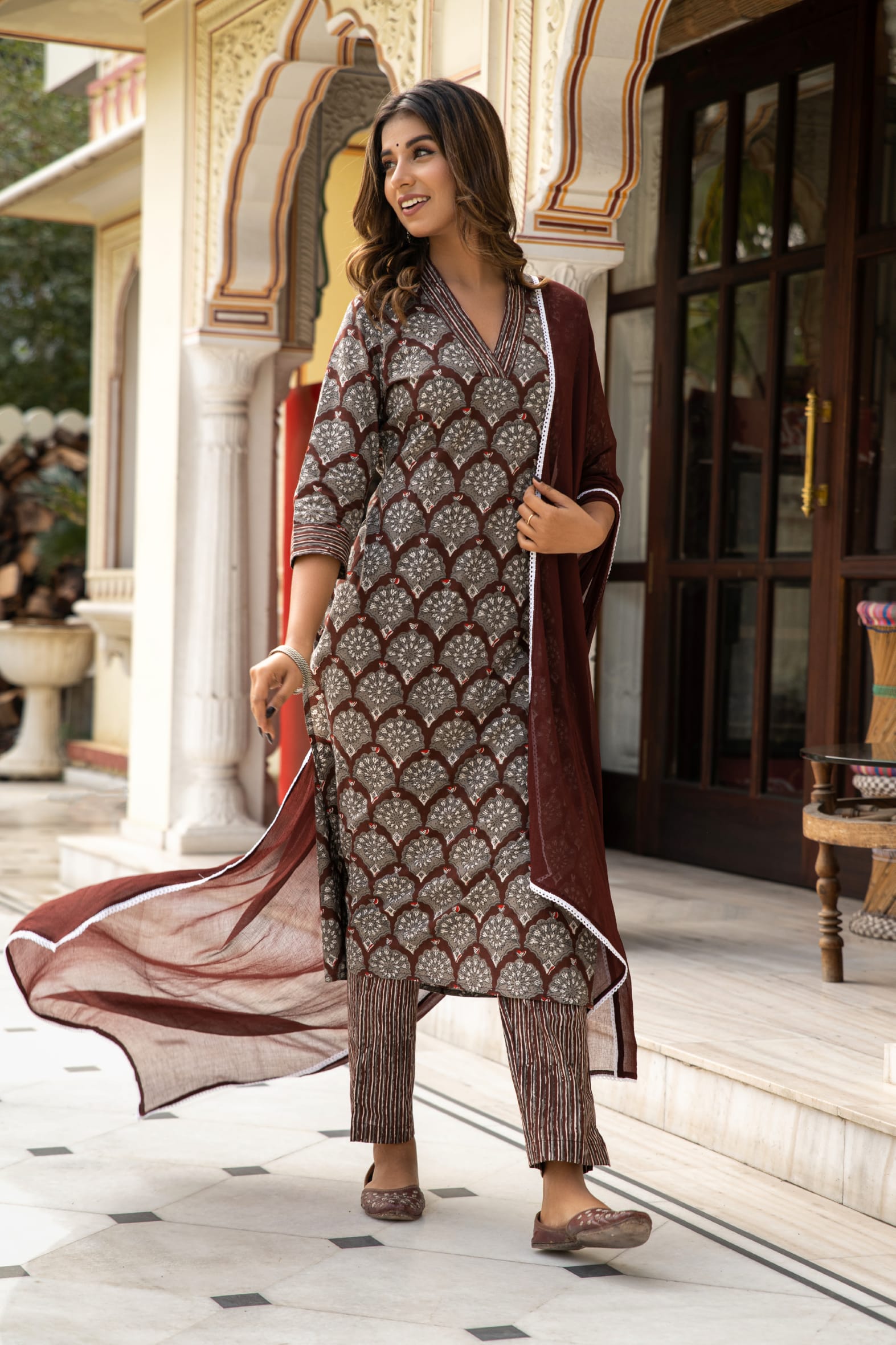 Brown Dabu Hand Block Printed Cotton Suit with Chiffon Dupatta