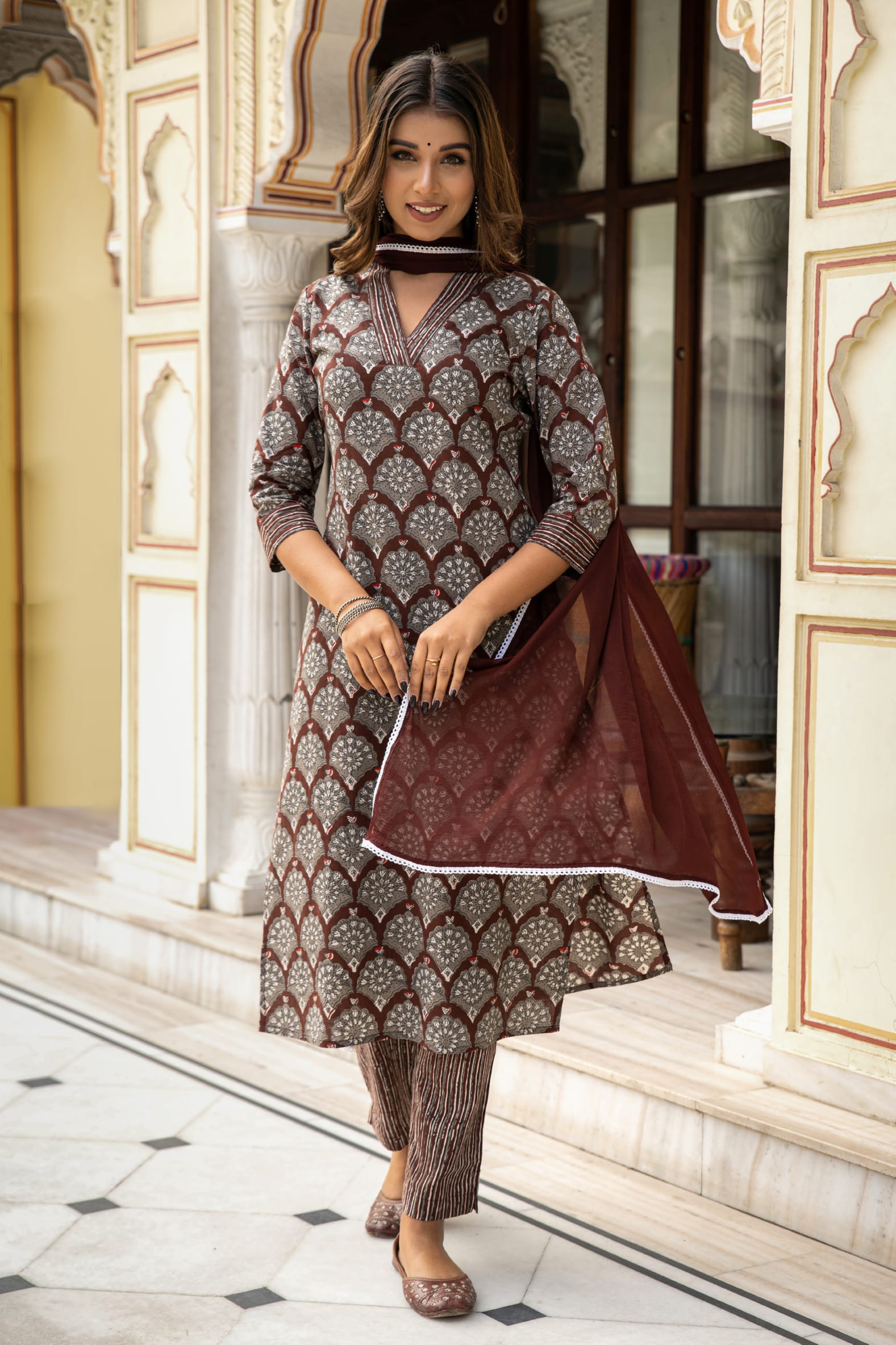 Brown Dabu Hand Block Printed Cotton Suit with Chiffon Dupatta