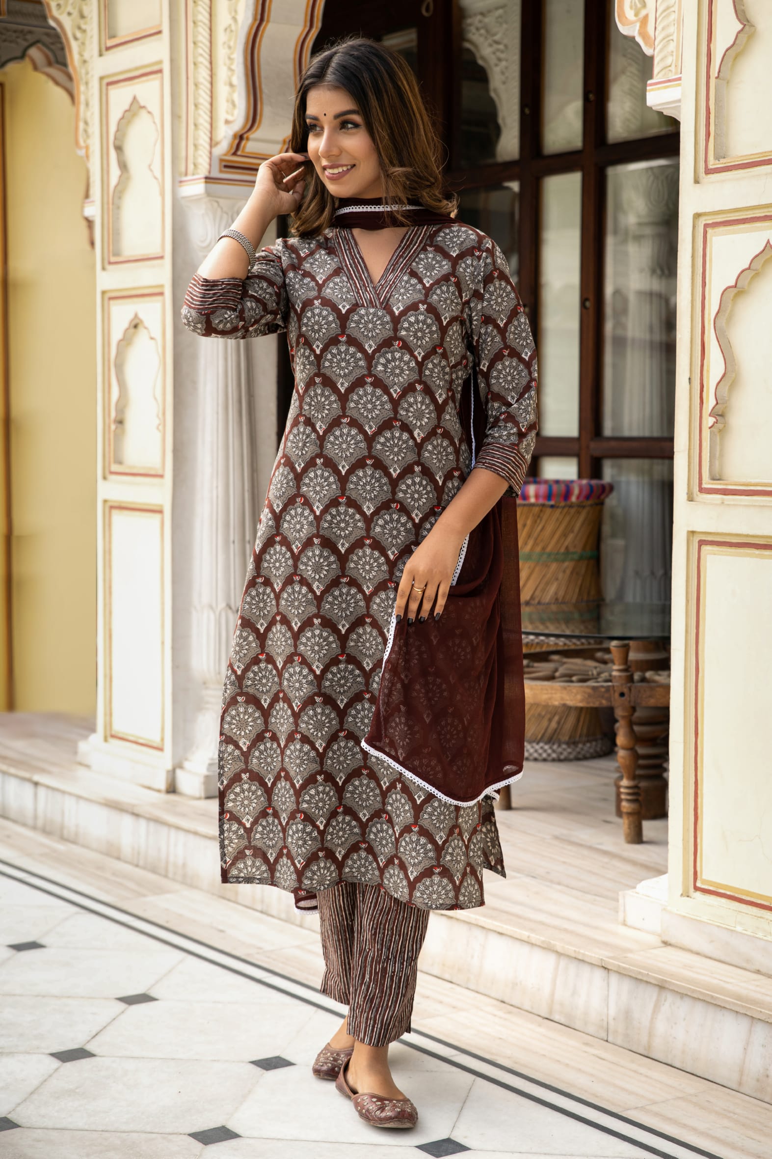 Brown Dabu Hand Block Printed Cotton Suit with Chiffon Dupatta