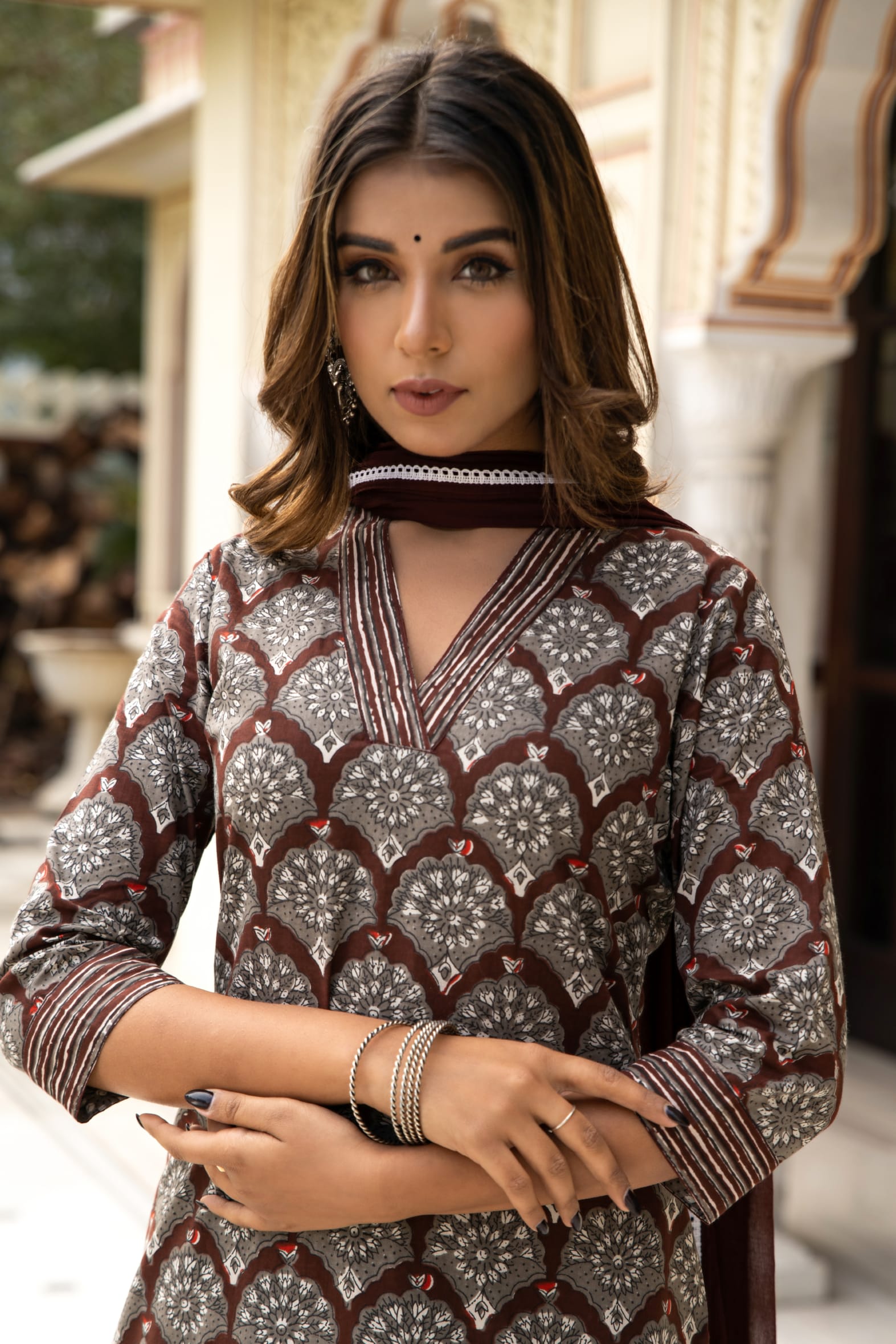 Brown Dabu Hand Block Printed Cotton Suit with Chiffon Dupatta