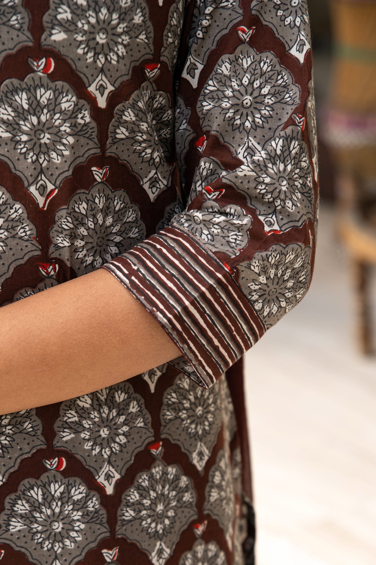 Brown Dabu Hand Block Printed Cotton Suit with Chiffon Dupatta