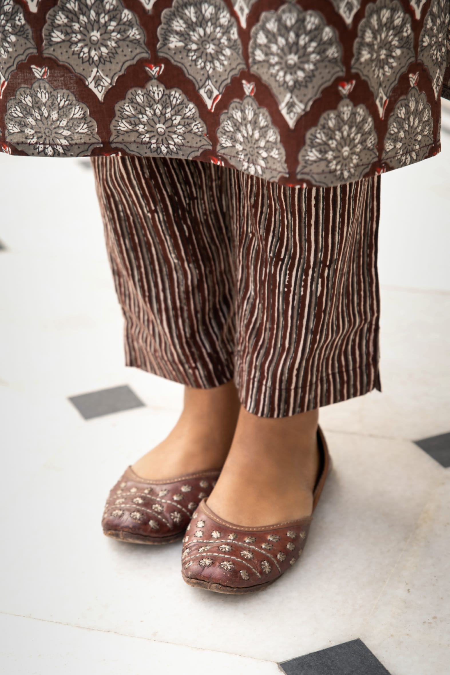 Brown Dabu Hand Block Printed Cotton Kurta with Pants