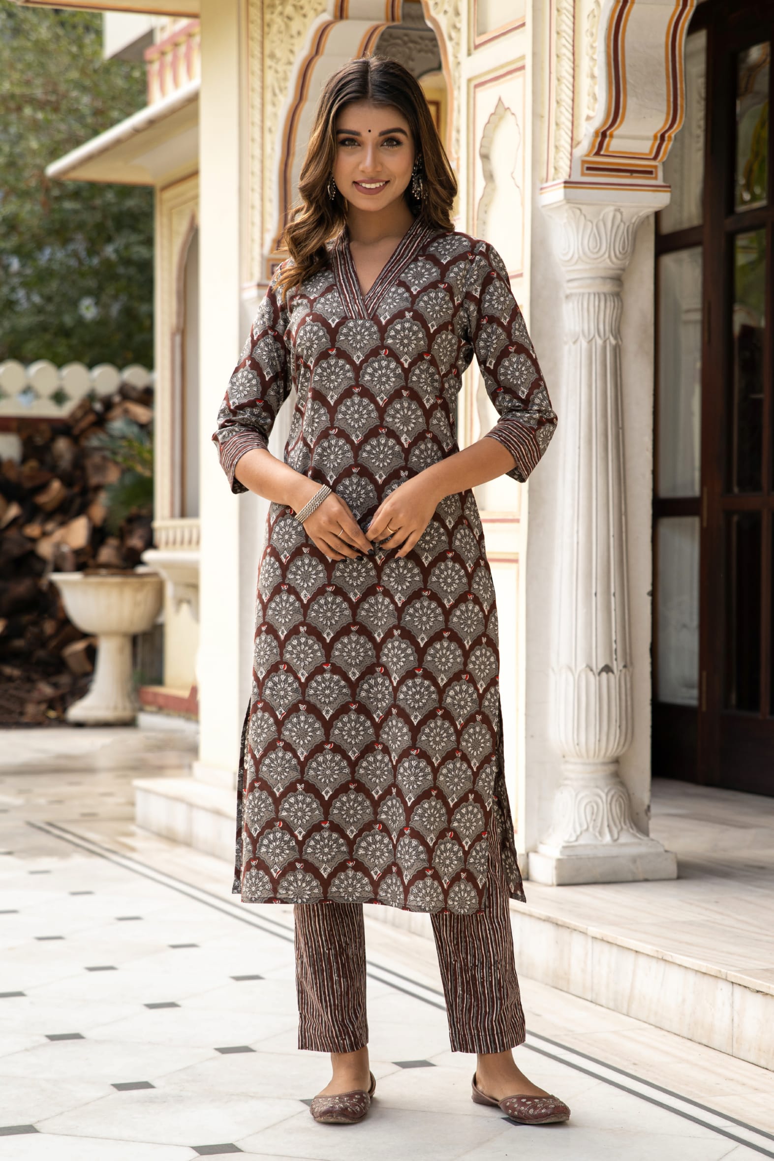 Brown Dabu Hand Block Printed Cotton Kurta with Pants