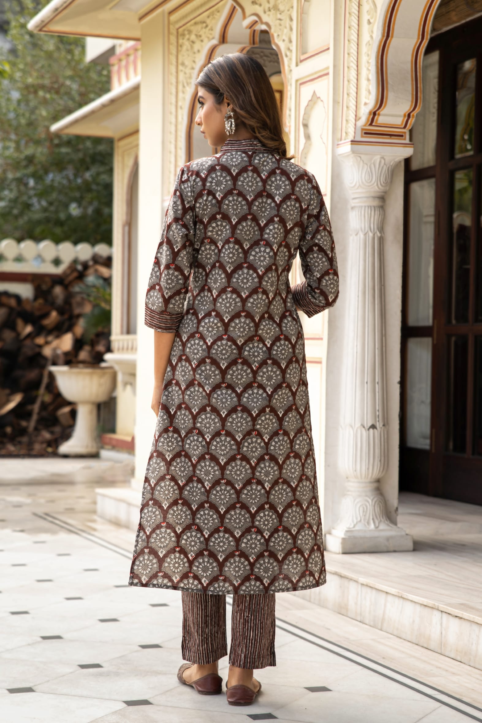 Brown Dabu Hand Block Printed Cotton Kurta with Pants