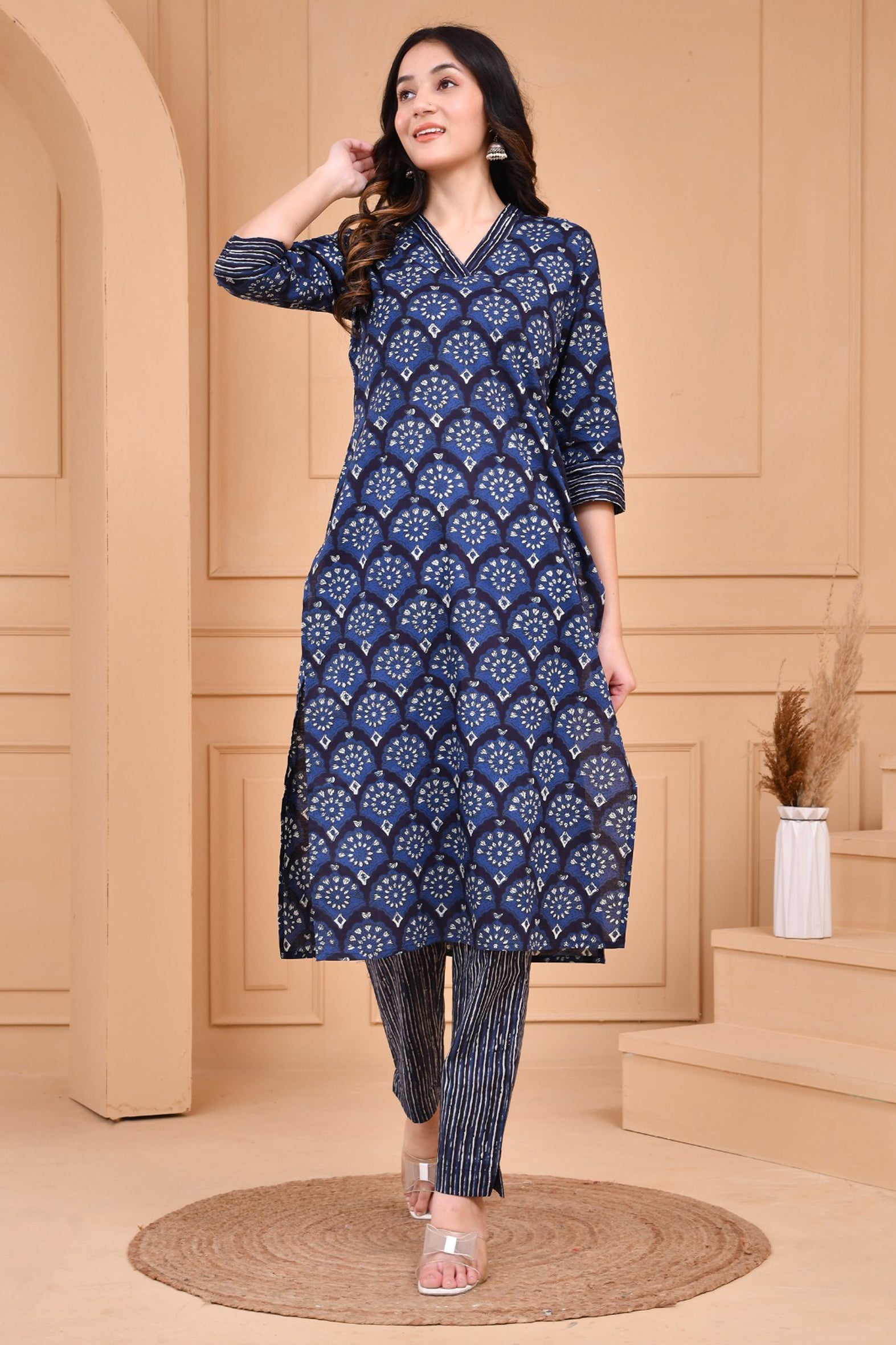 Blue Dabu Hand Block Printed Cotton Kurta with Pants