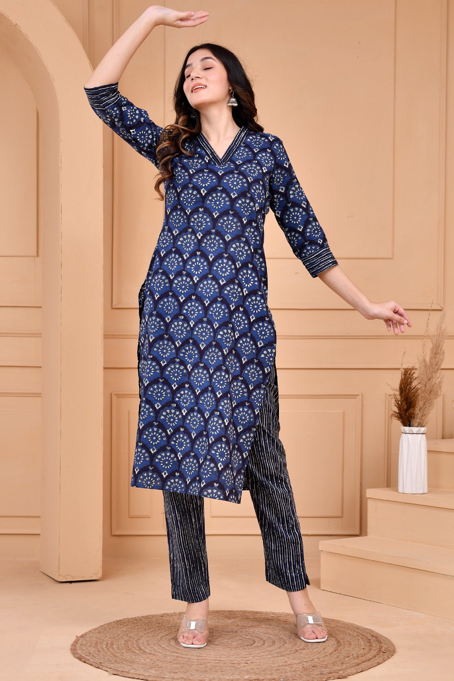 Blue Dabu Hand Block Printed Cotton Kurta with Pants