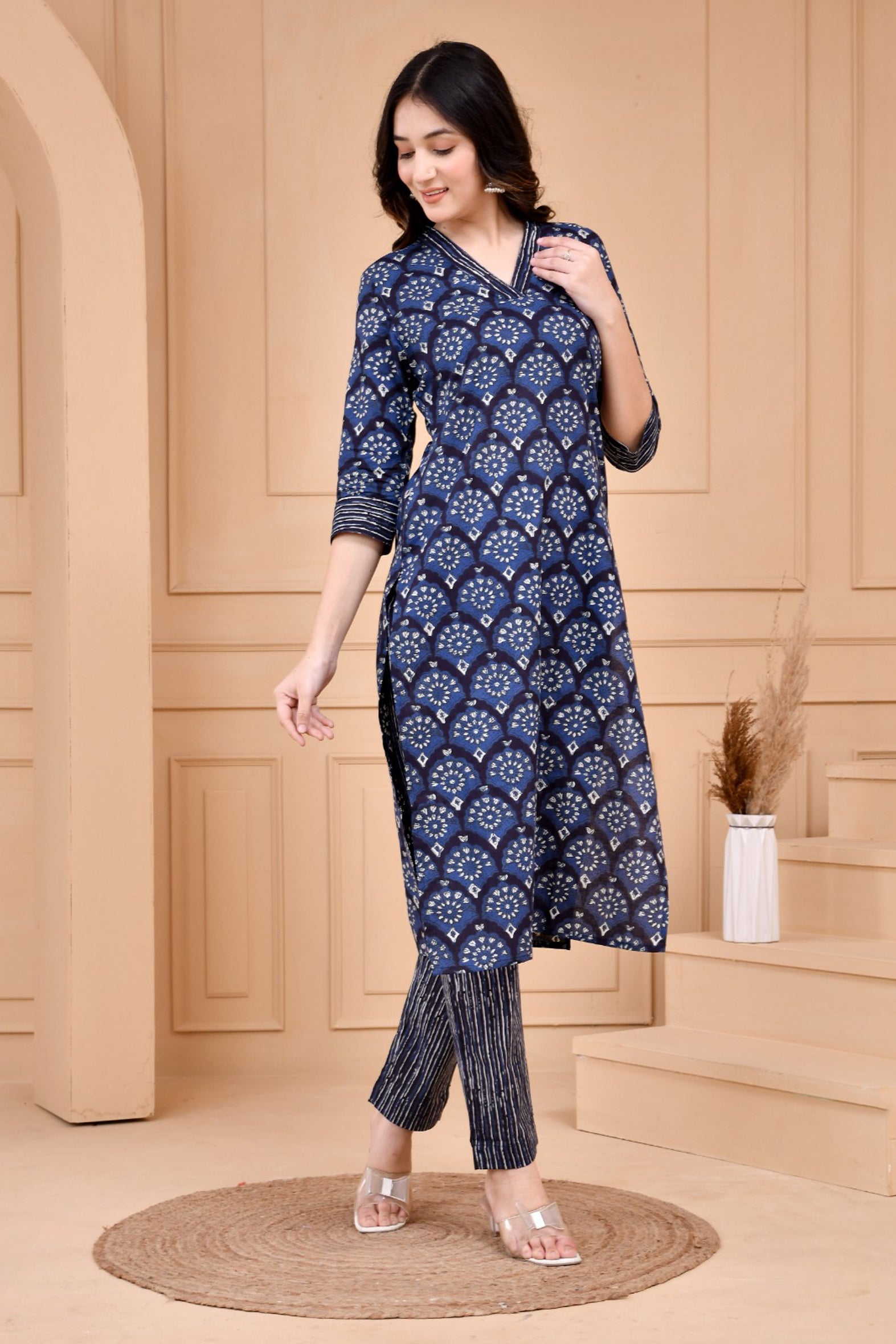 Blue Dabu Hand Block Printed Cotton Kurta with Pants