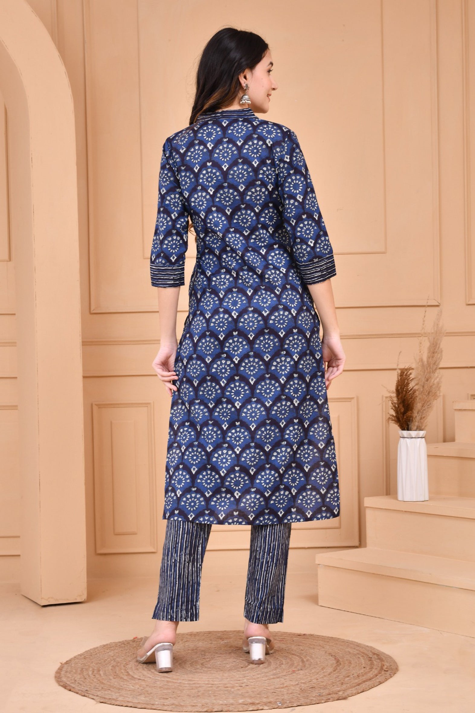 Blue Dabu Hand Block Printed Cotton Kurta with Pants