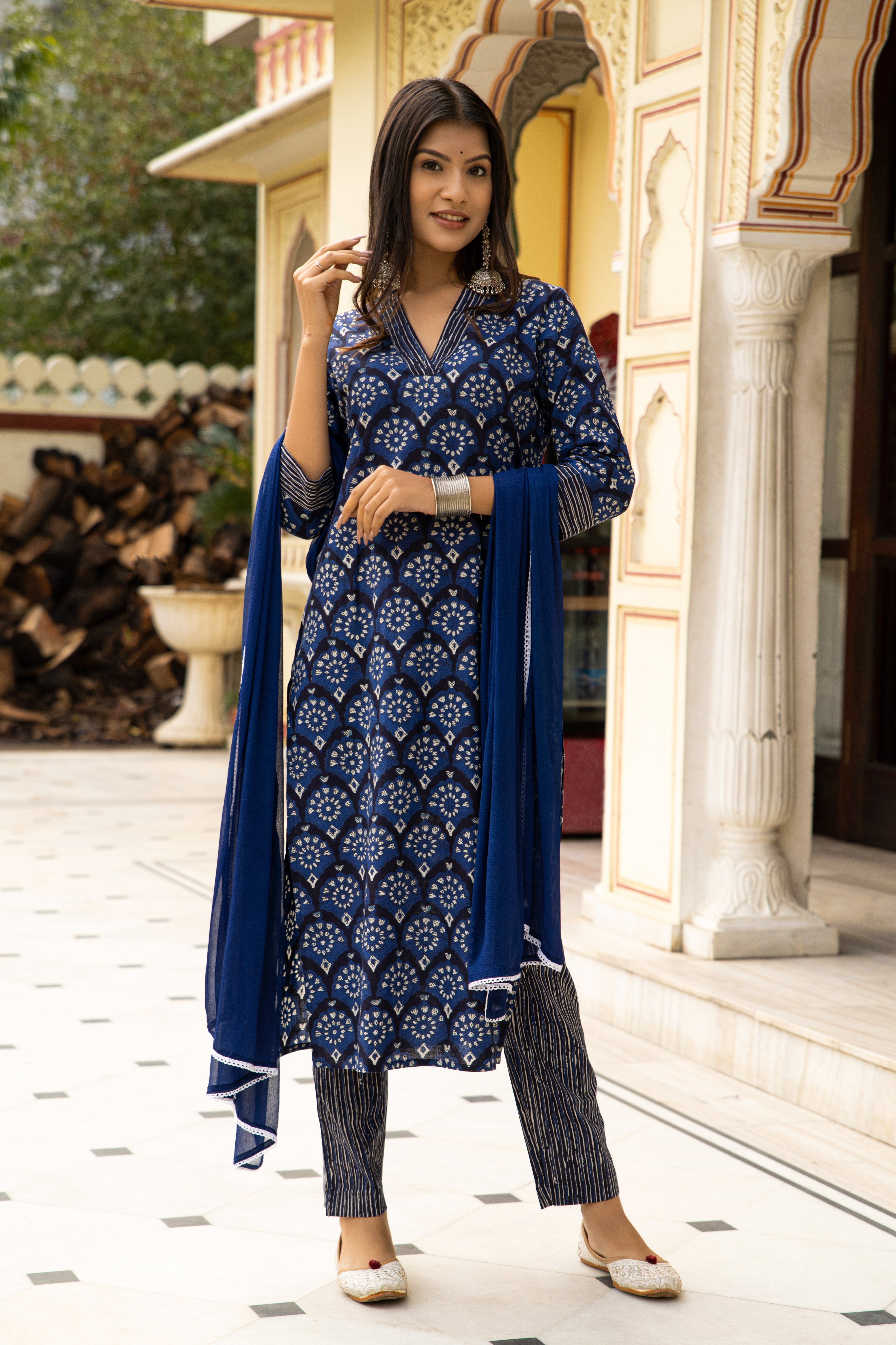 Blue Dabu Hand Block Printed Cotton Suit with Chiffon Dupatta