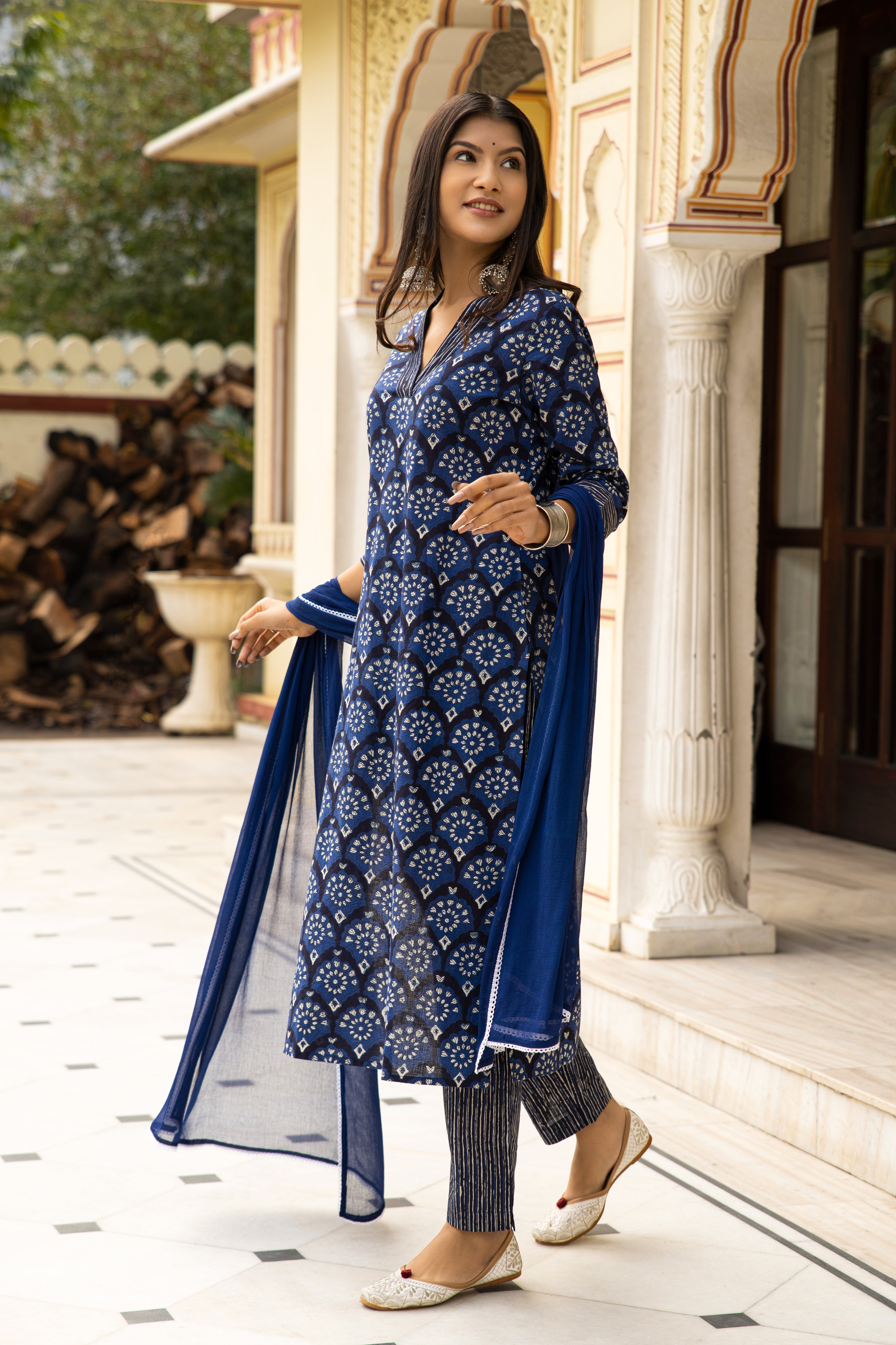 Blue Dabu Hand Block Printed Cotton Suit with Chiffon Dupatta