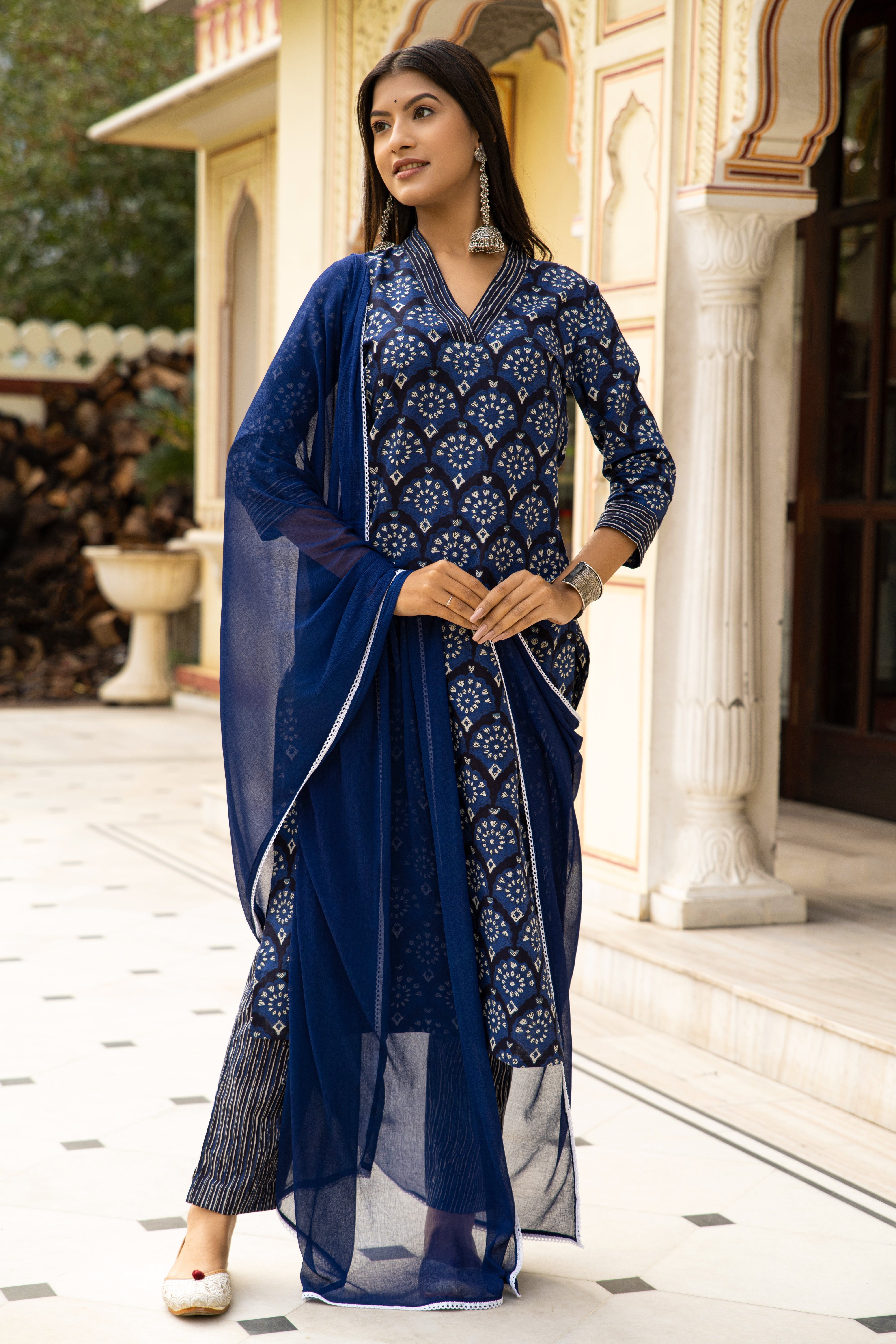 Blue Dabu Hand Block Printed Cotton Suit with Chiffon Dupatta