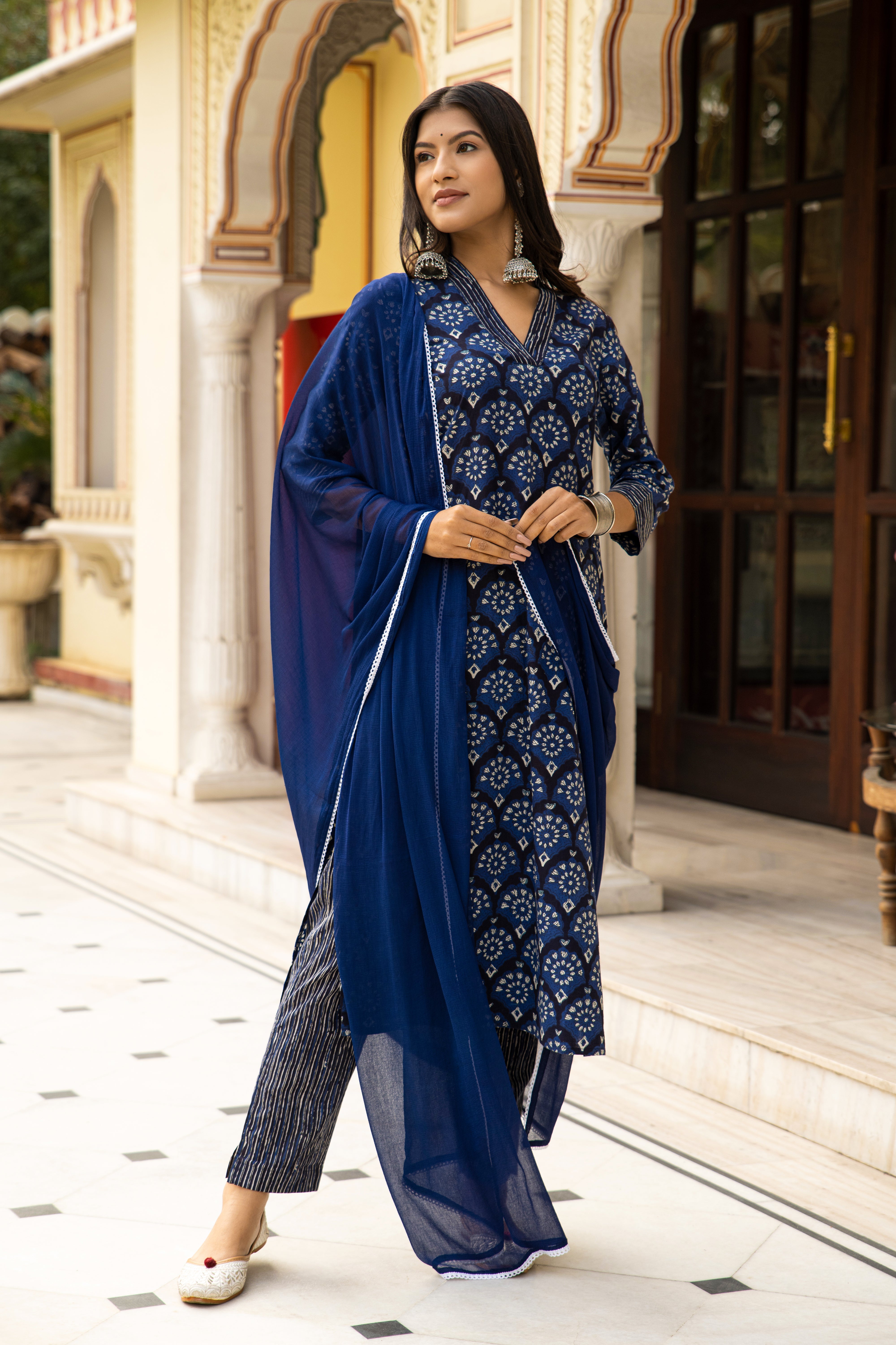 Blue Dabu Hand Block Printed Cotton Suit with Chiffon Dupatta