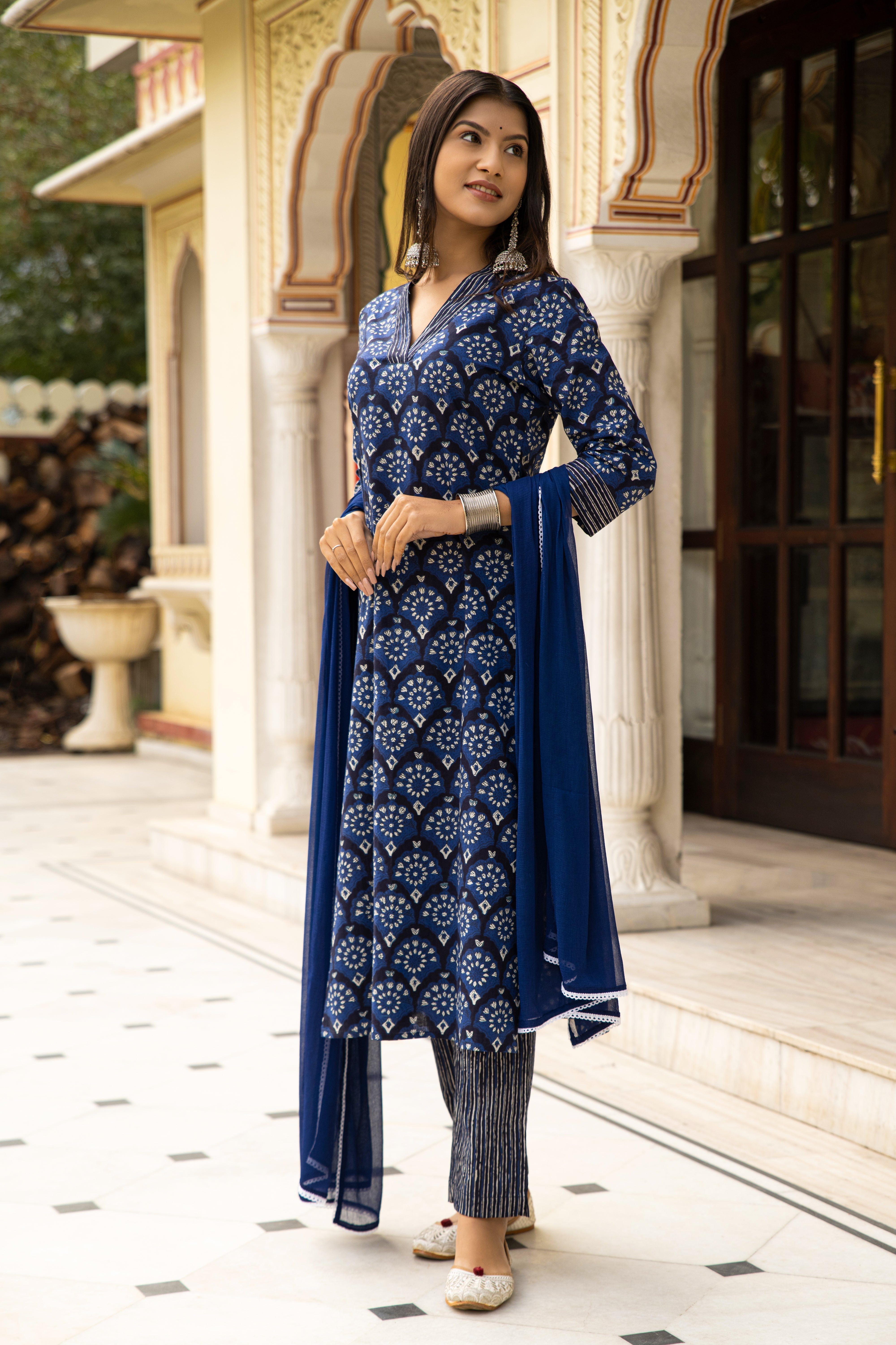 Blue Dabu Hand Block Printed Cotton Suit with Chiffon Dupatta