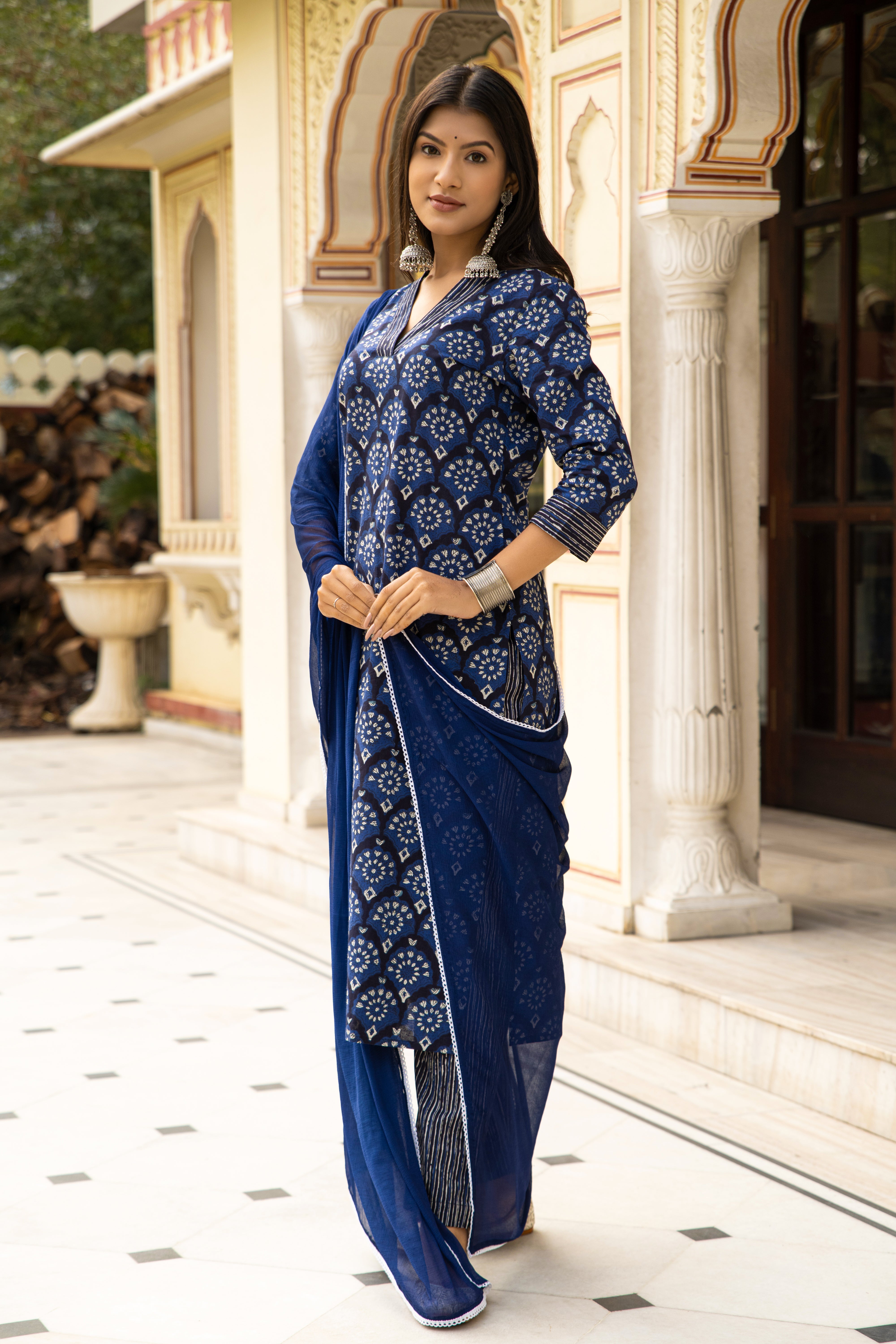 Blue Dabu Hand Block Printed Cotton Suit with Chiffon Dupatta