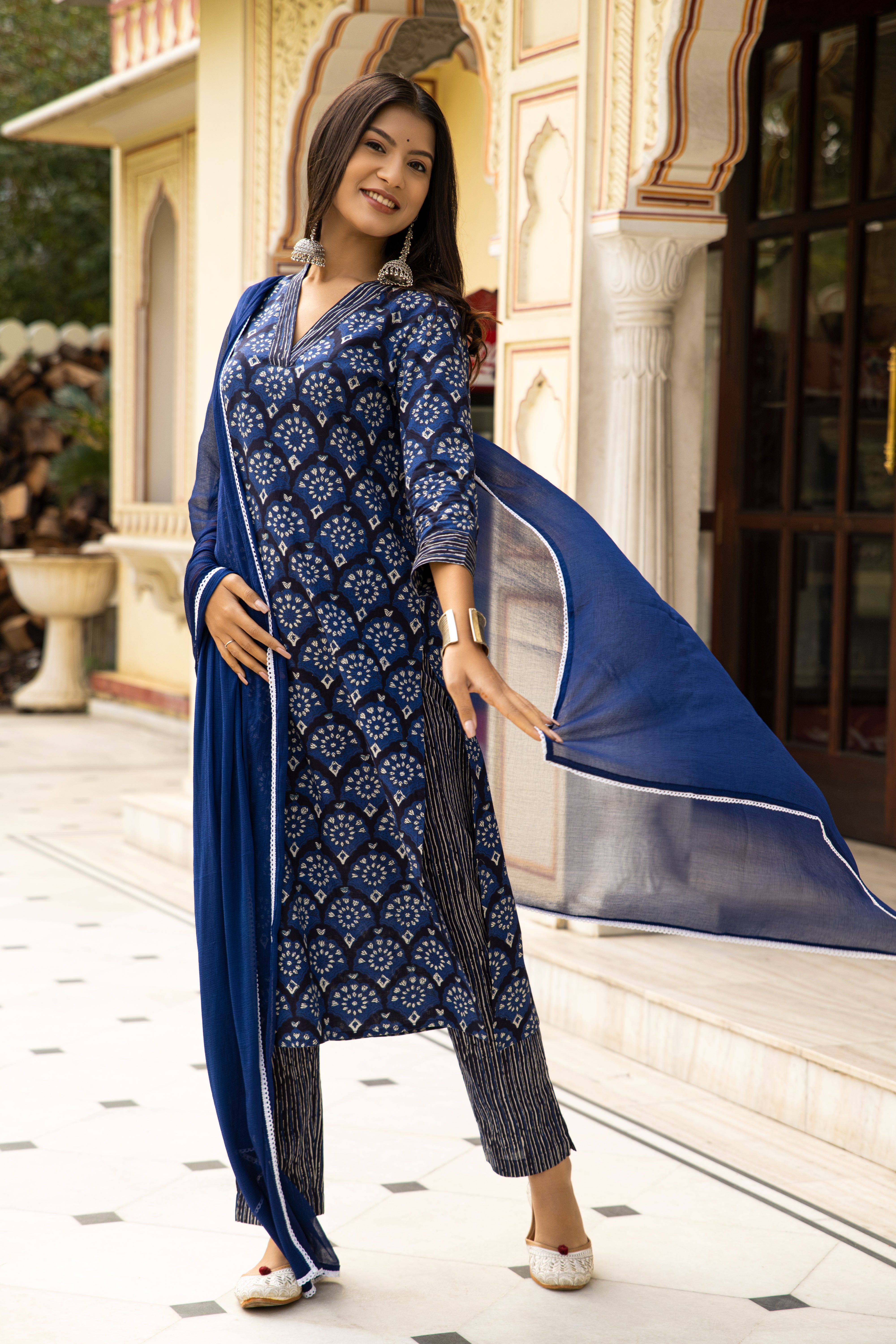 Blue Dabu Hand Block Printed Cotton Suit with Chiffon Dupatta