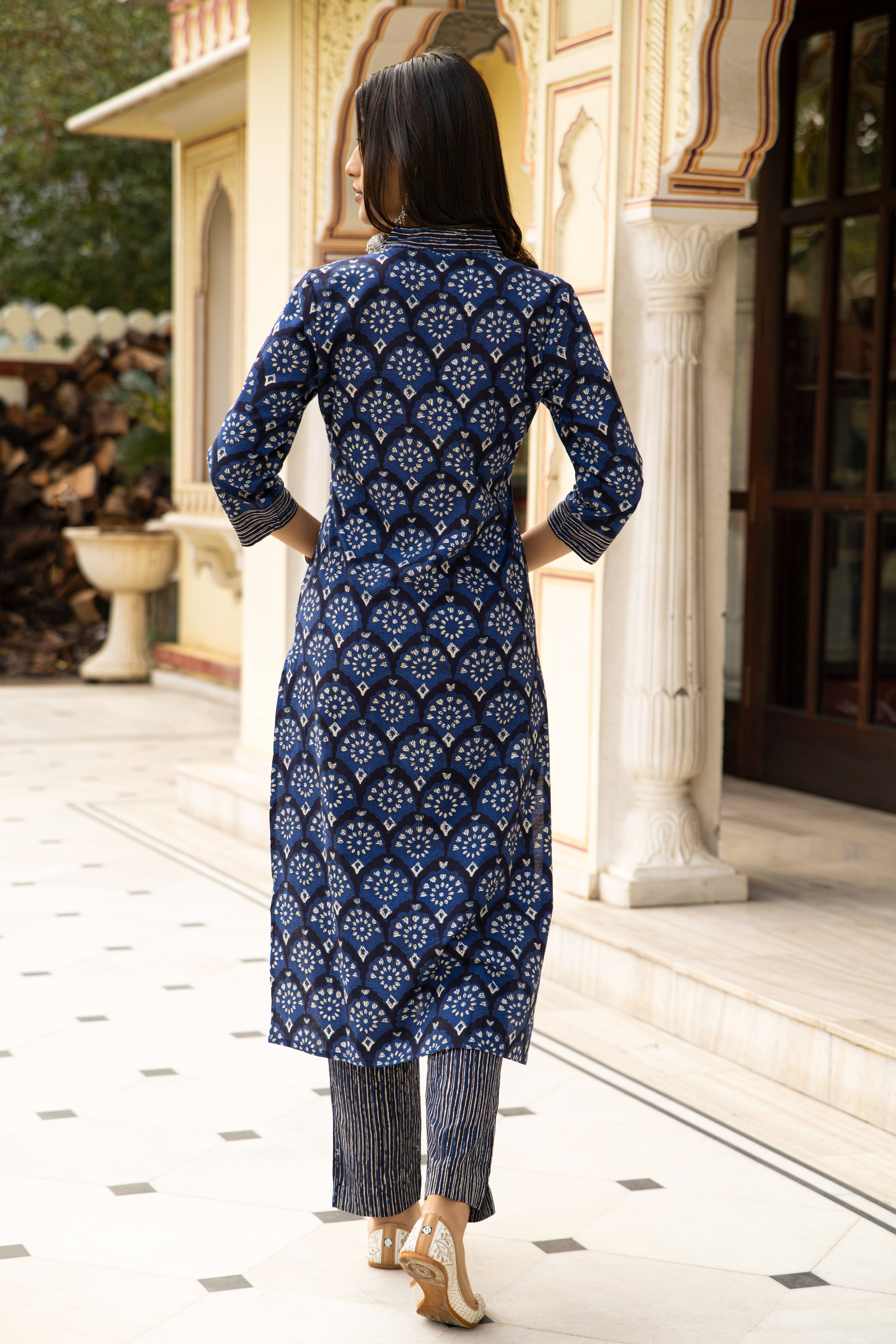 Blue Dabu Hand Block Printed Cotton Suit with Chiffon Dupatta