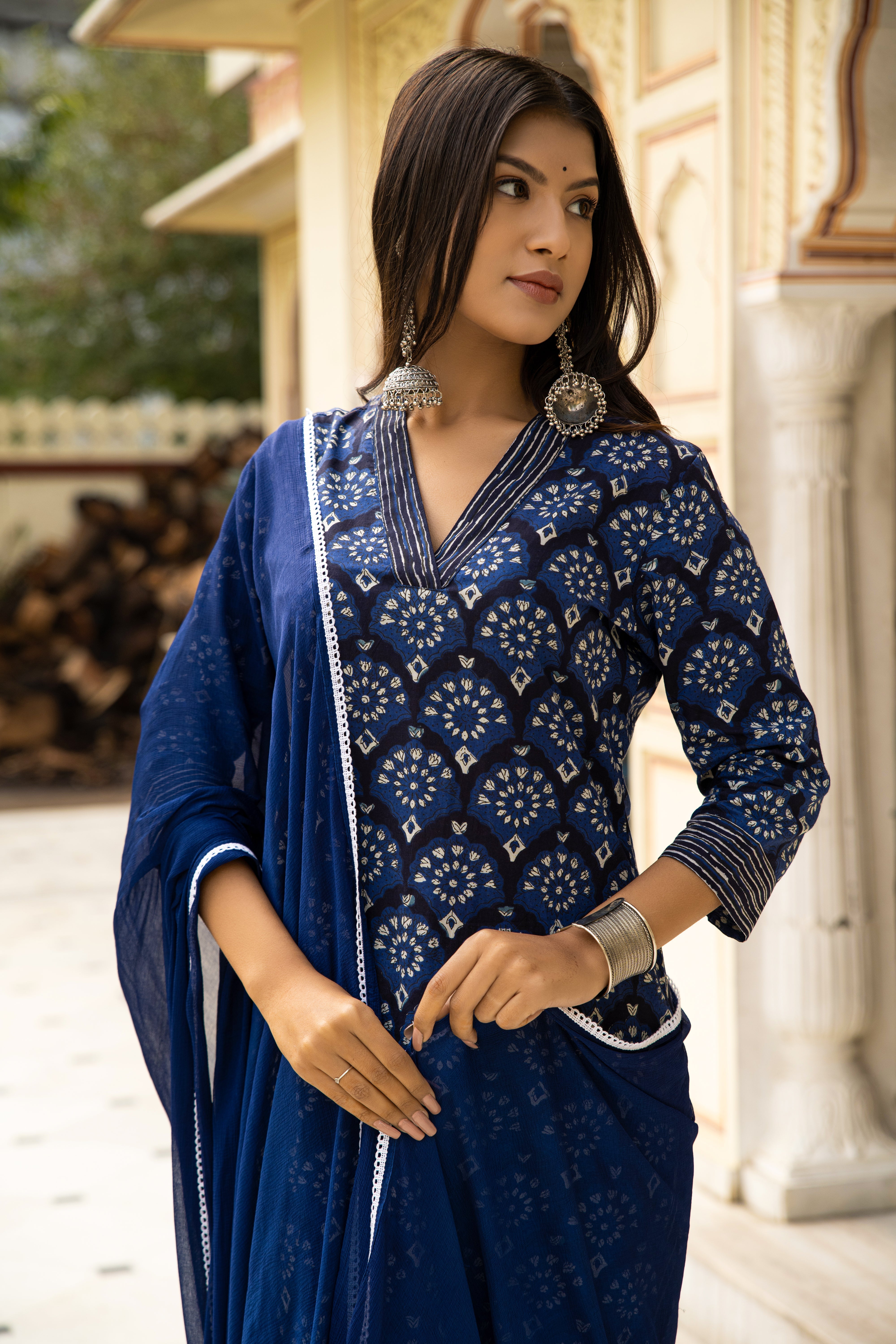 Blue Dabu Hand Block Printed Cotton Suit with Chiffon Dupatta