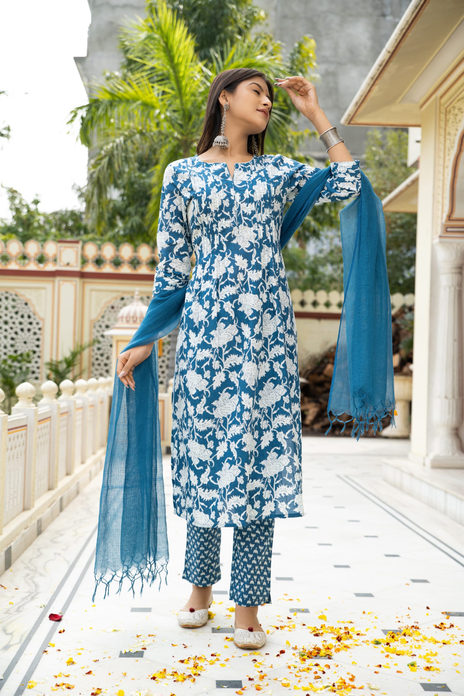 Blue Hand Block Printed Cotton Suit with Kota Doria Dupatta