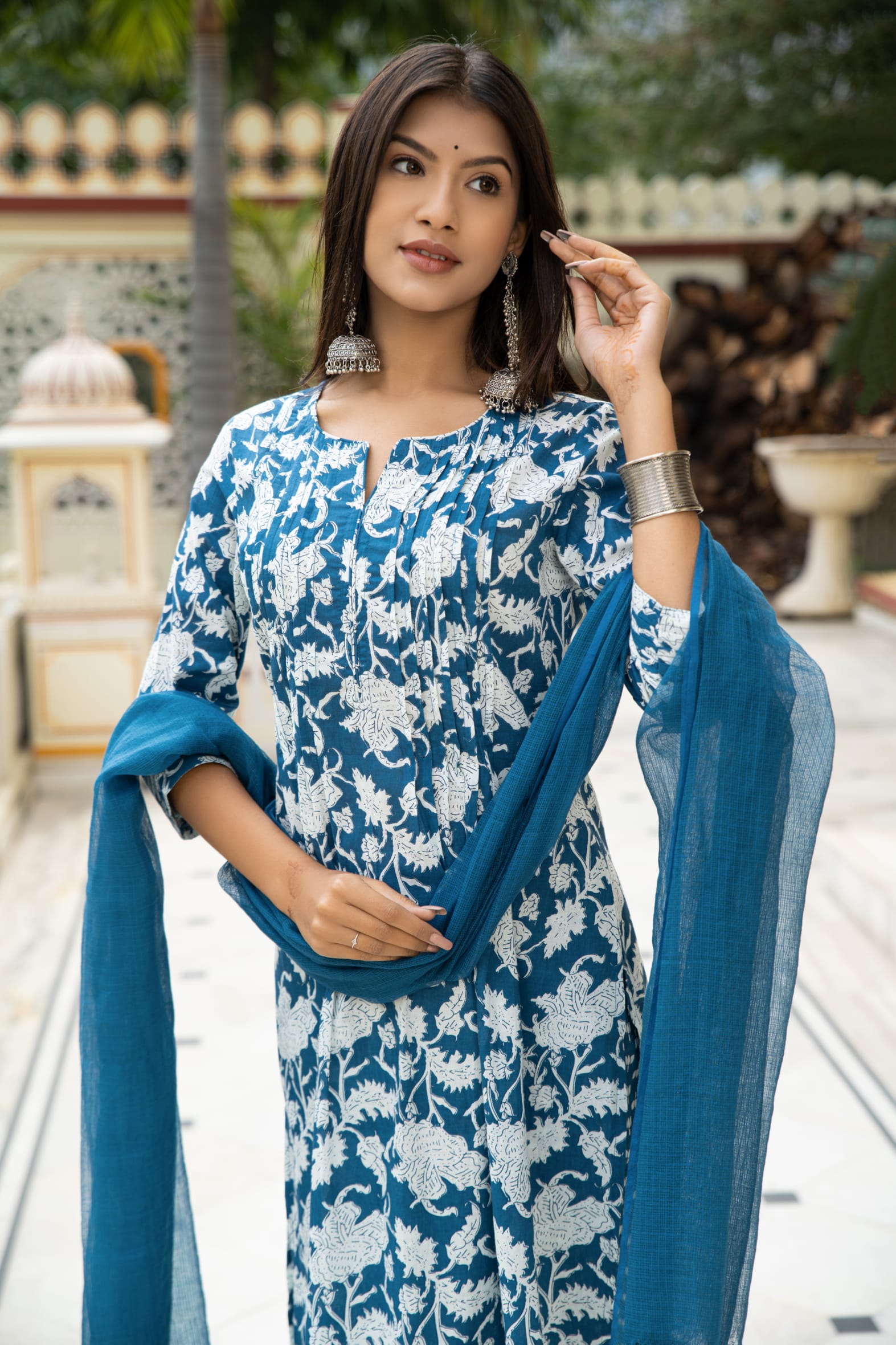 Blue Hand Block Printed Cotton Suit with Kota Doria Dupatta