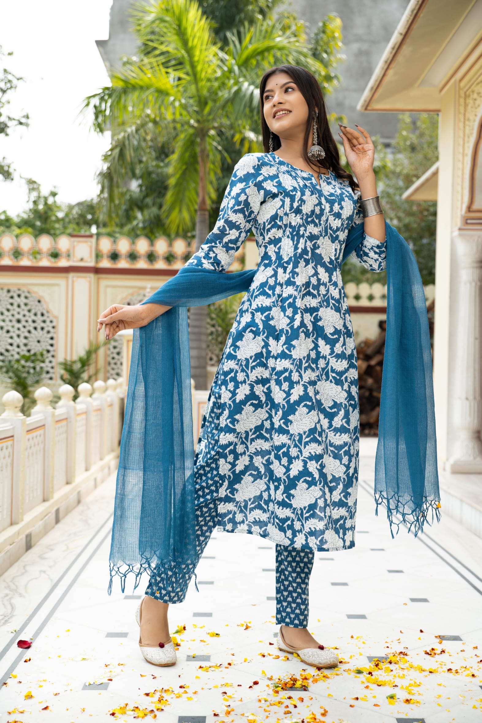 Blue Hand Block Printed Cotton Suit with Kota Doria Dupatta