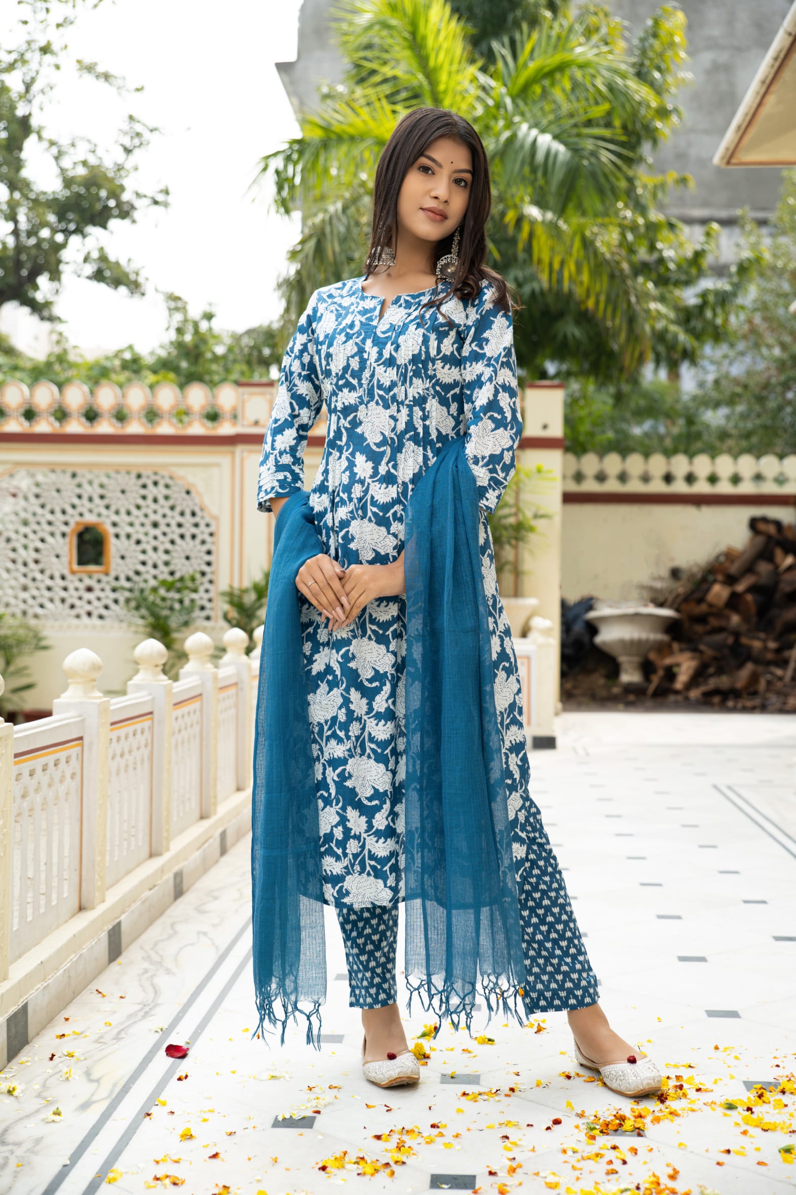 Blue Hand Block Printed Cotton Suit with Kota Doria Dupatta